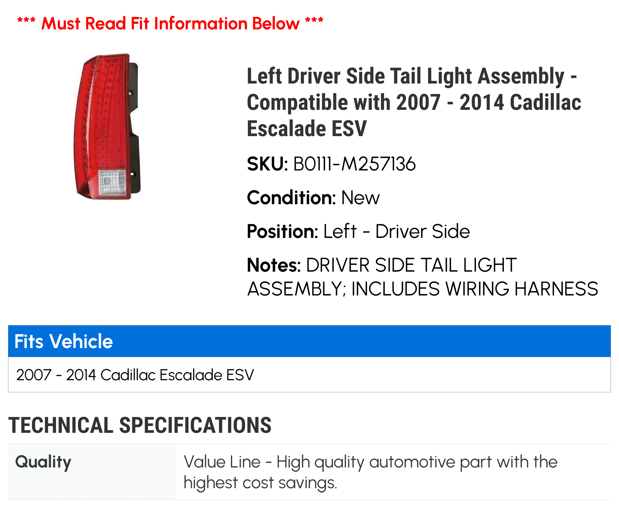 Left Driver Side Tail Light Assembly - Compatible with 2007 - 2014 Cadillac Escalade ESV 2008 2009 2010 2011 2012 2013
