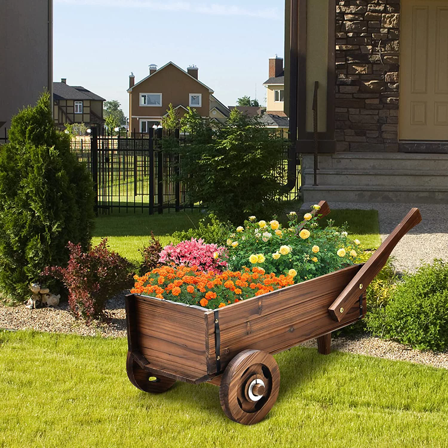 Wooden Wagon Planter Box, Decorative Wagon Cart with Wheels, Handles, Drainage Hole, Flower Planter Pot Stand, Rustic Flowerpot Planter, Indoor & Outdoor Garden Patio Balcony