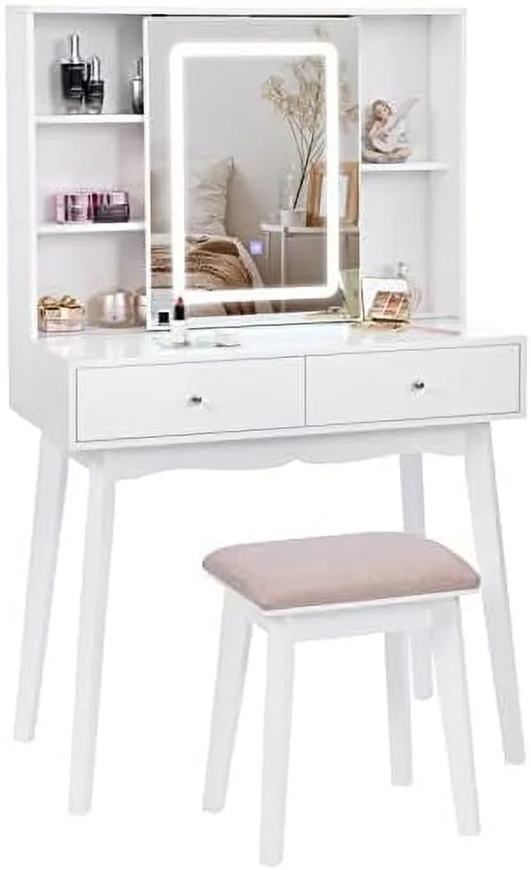 SJOPLMN Vanity Desk with Mirror and Lights   Vanity with Lights  Black Vanity Set   Desk with 3 Color Lighting  Vanity Table with Cabinet & 2 Drawers  Dressing Table  Table FST15H