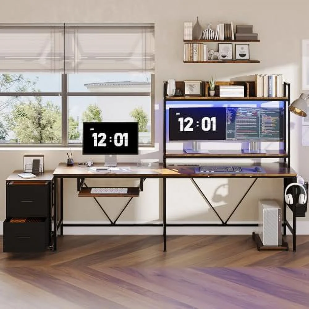 HBROLJF L Shaped Gaming Desk with Shelves  55in Reversible Home Office Desks with Power Outlet RGB Led Strip Movable File Cabinet Keyboard Tray 2 Drawers (Rustic Brown)