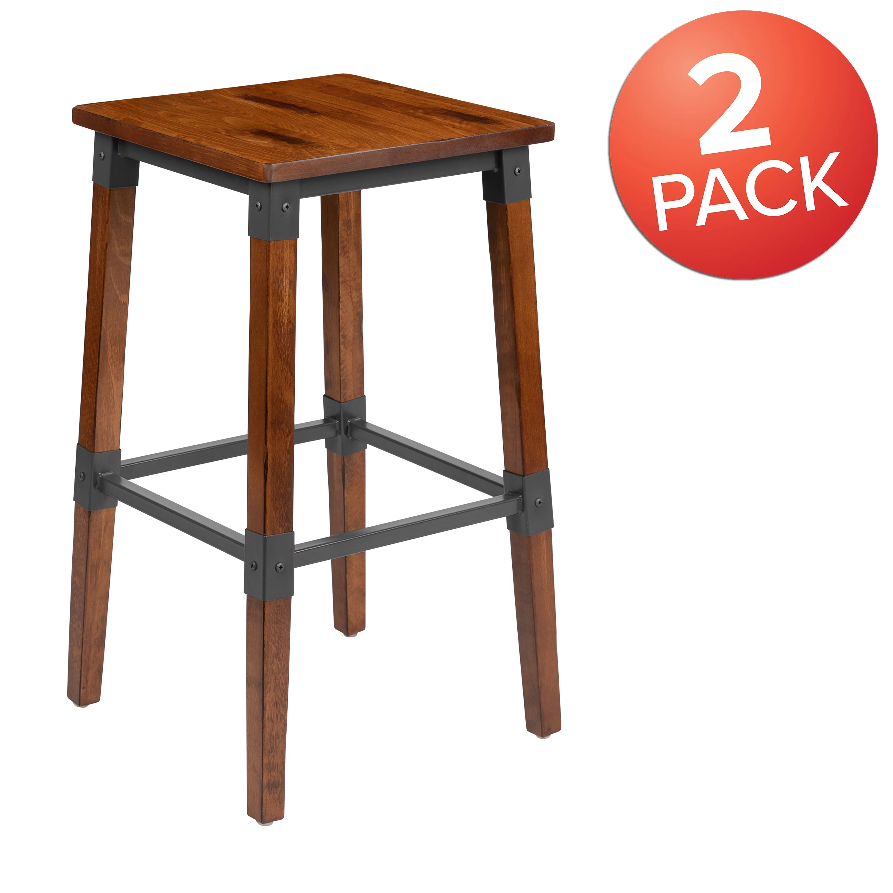 Flash Furniture Jackson 2 Pack Rustic Antique Walnut Industrial Wood Dining Backless Barstool