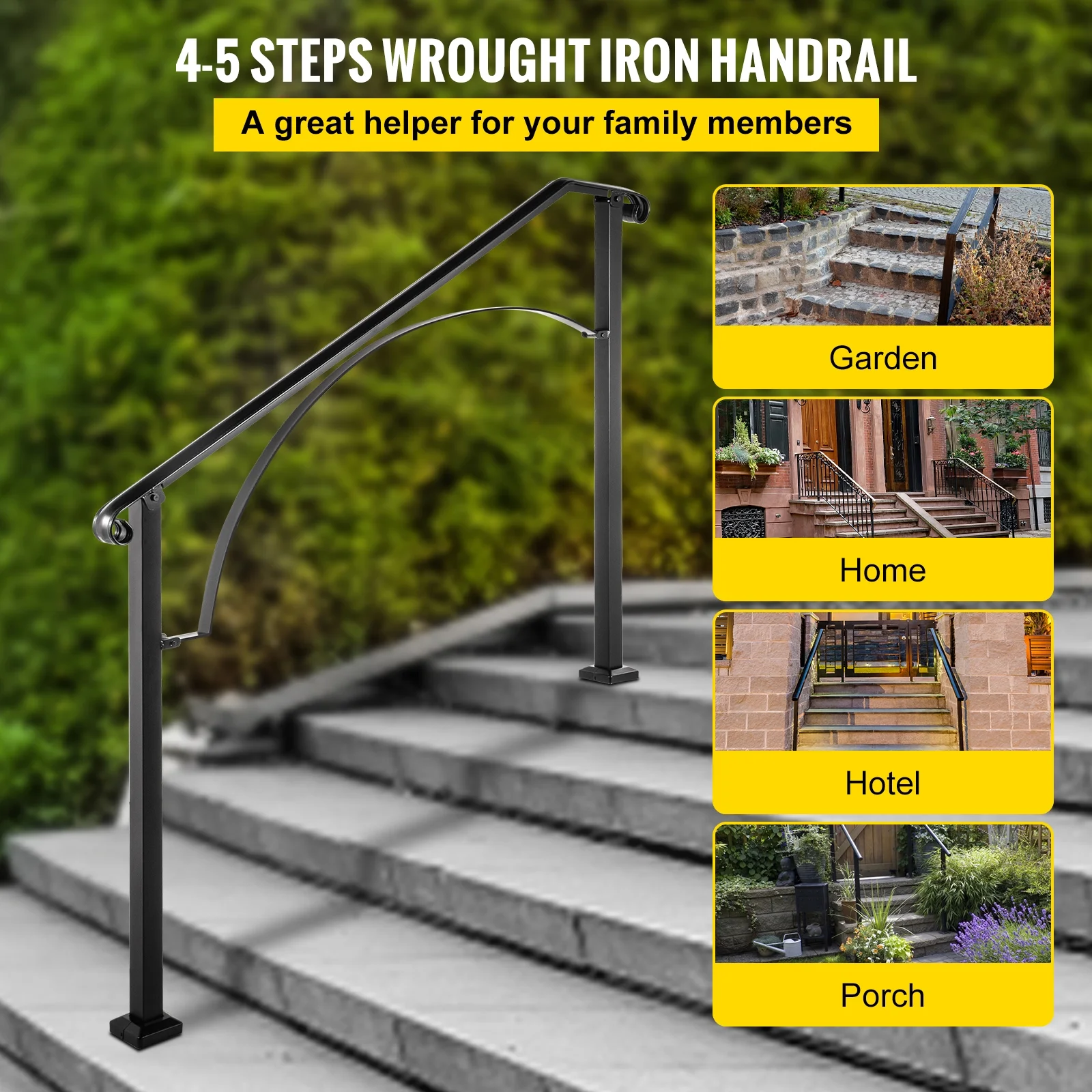 SKYSHALO Handrail Arch #4 Fits 4 or 5 Steps Matte Black Stair Handrail Wrought Iron Handrail Mounting Kit Outdoor Step Handrail