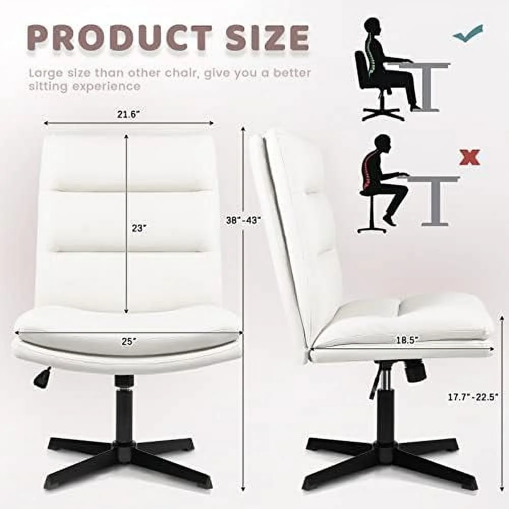 SJOINMB PU-Padded Armless Office Desk Chair No Wheels High-Back Wide Seat Home Chair 120° Rocking Cross Legged Computer Task Chairs Modern Adjustable Swivel Vanity Chairs (White)