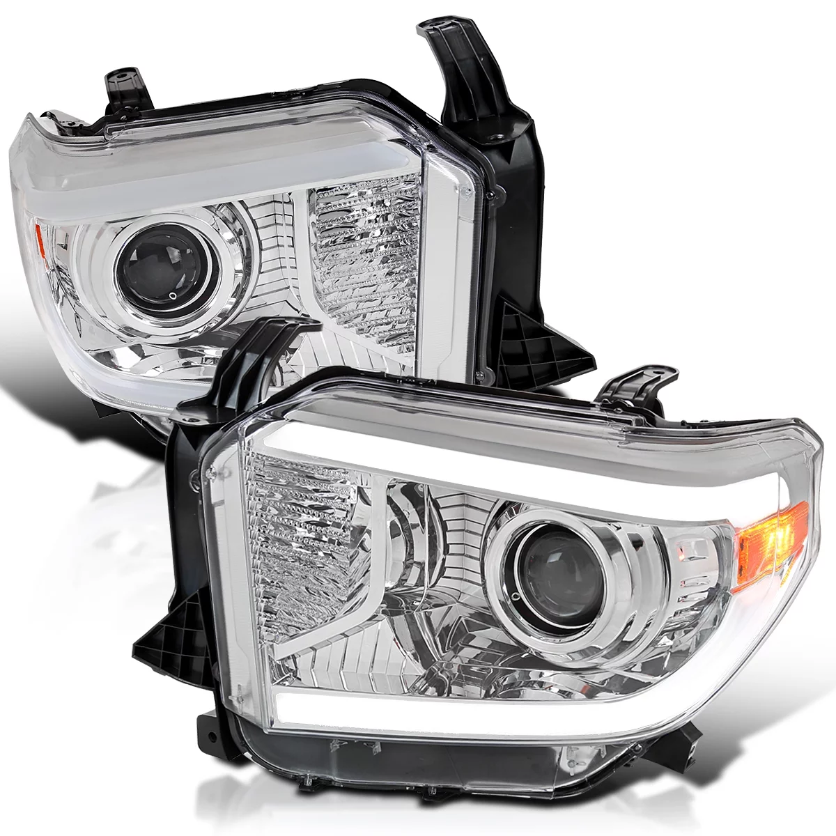 Spec-D Tuning Chrome Housing Clear Lens Projector Headlights with LED Tube Compatible with 2014-2021 Toyota Tundra, Left + Right Pair Headlamp Assembly