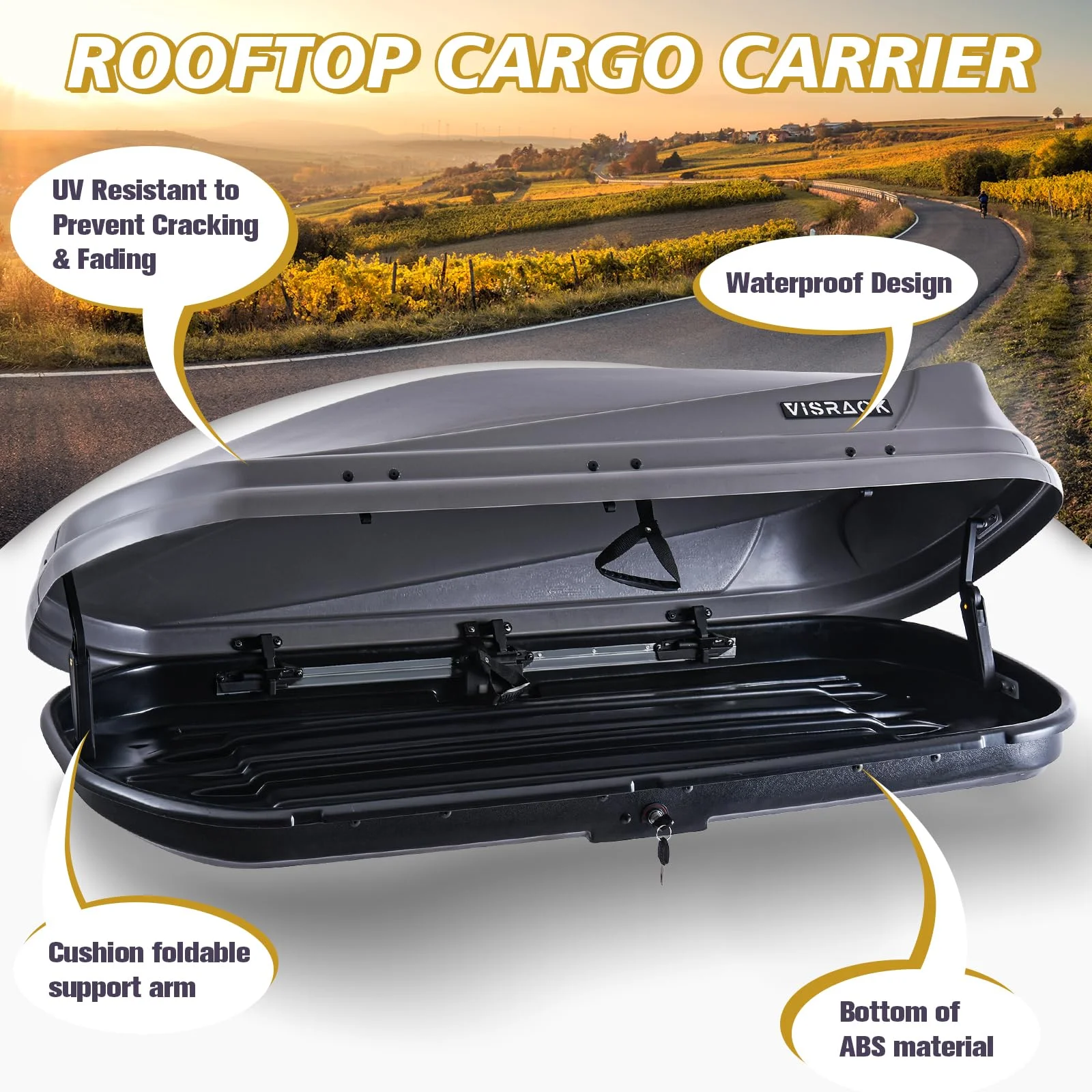 Gxcevsou Large Rooftop Cargo Carrier Box, Heavy Duty Hard Shell Roof with Security Keys, Waterproof Rooftop Cargo Box, 62 (L) x 31 (W) x 15(H) Inches, 14 Cubic Feet (Tool-Free Install), Gray