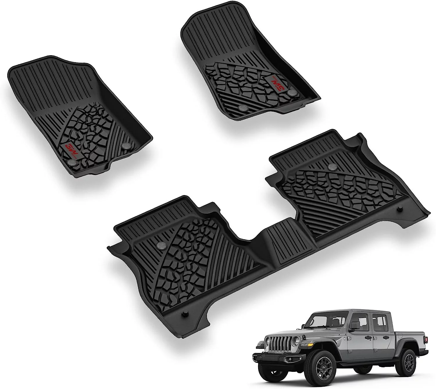 3W Black Floor Mats Liners Replacement for Jeep Gladiator 2020-2023 TPE Floor Liner 2 Rows Full Set Car liners Heavy Duty All Weather Guard Front and Rear Car Carpet-Custom Fit(Random logo color)