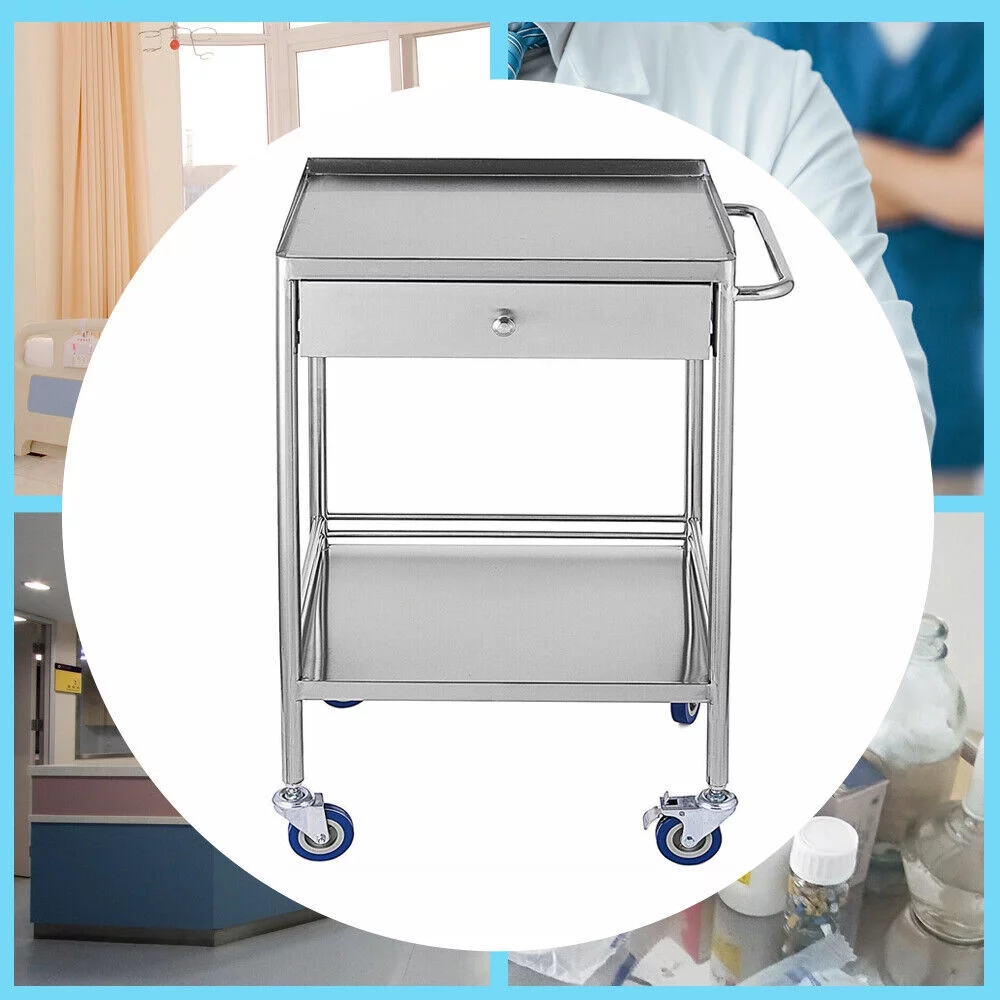 Miumaeov 2 Layer Medical Hospital Lab Emergency Rolling Trolley Single Drawer Mobile Stainless Steel Serving Cart Stand with Wheels