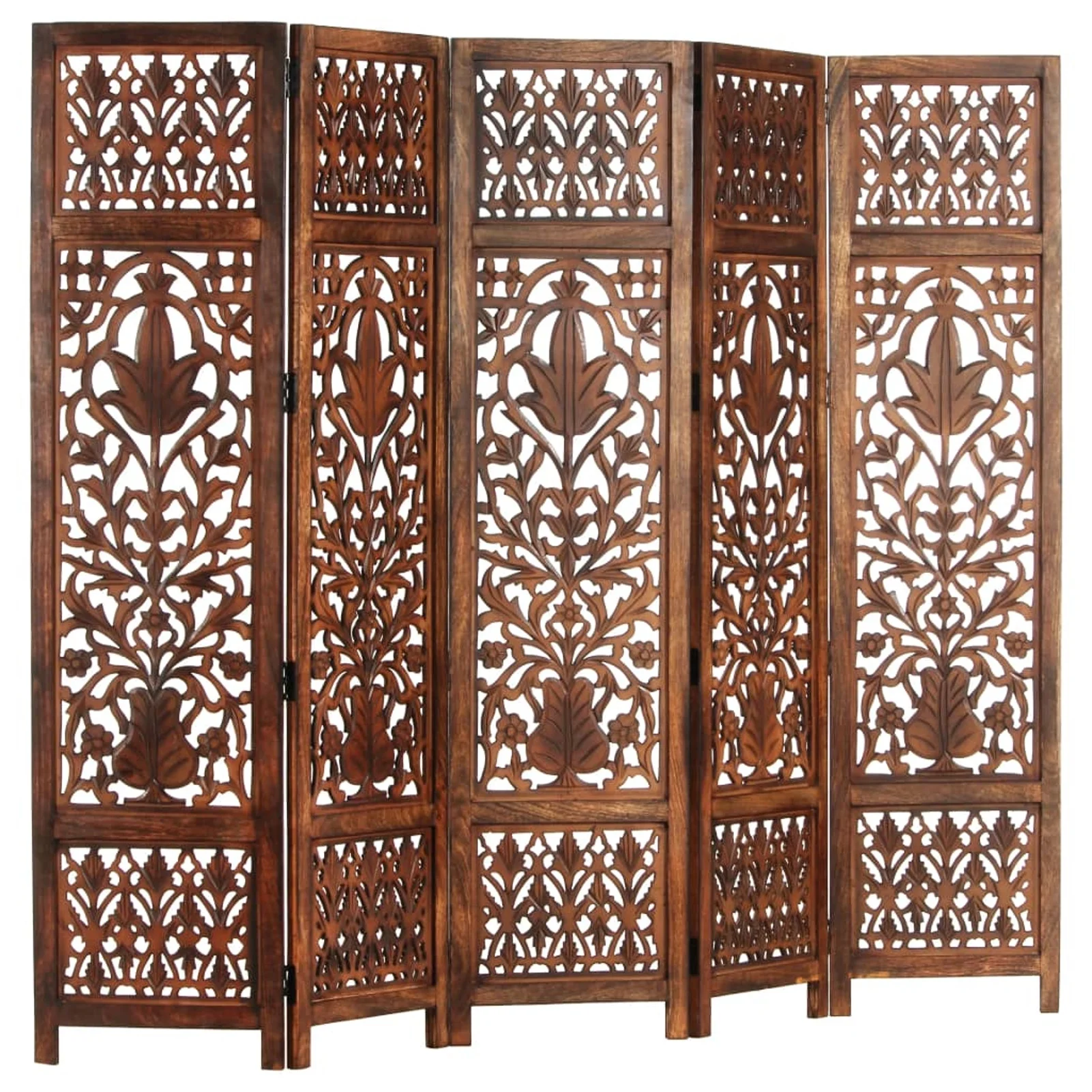 Uteam Room Divider 5-Panel Hand Carved Solid Mango Wood Brown 78.7x65