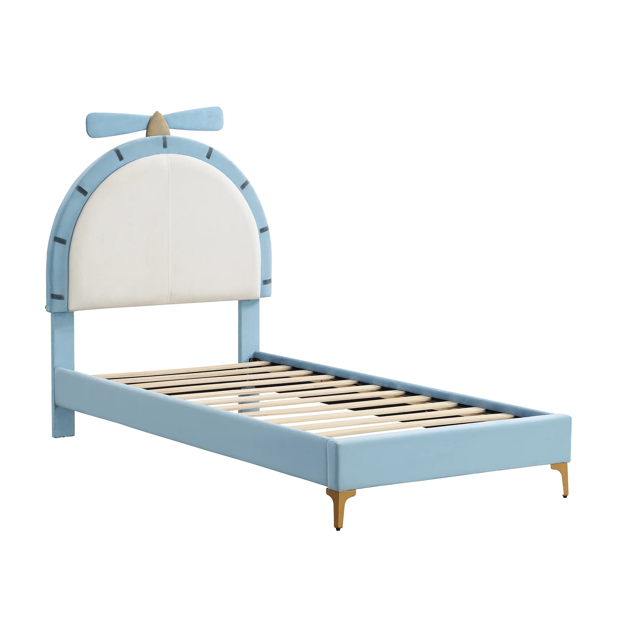 Euroco Upholstered Twin Bed, Platform Bed with Windmill for Kids Teens Adults, Blue