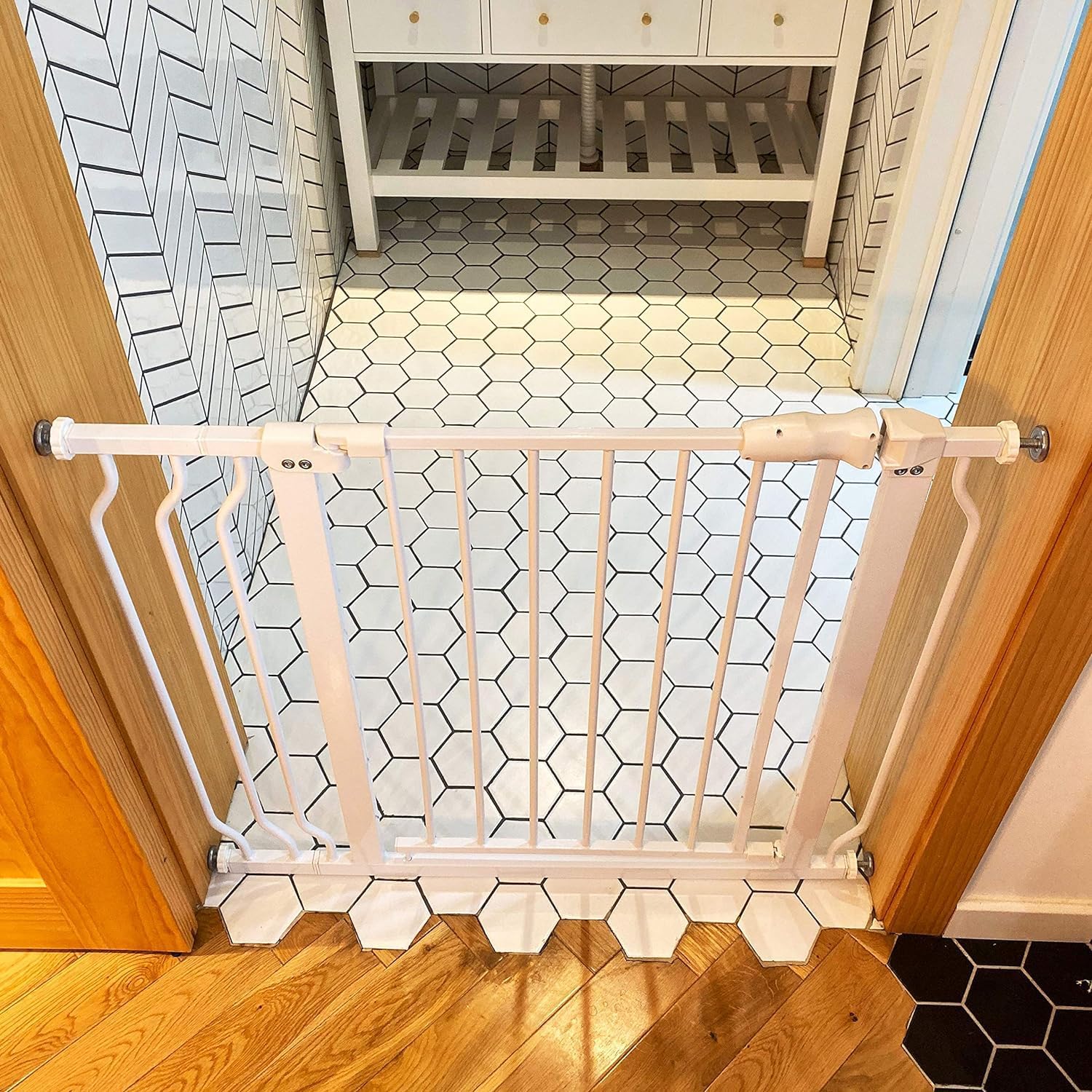 Walk-Thru Safety Gate for Doorways and Stairways with Auto-Close/Hold-Open Features, 30-Inch Tall, Fits 29.1 - 38.5 Inch Openings, White