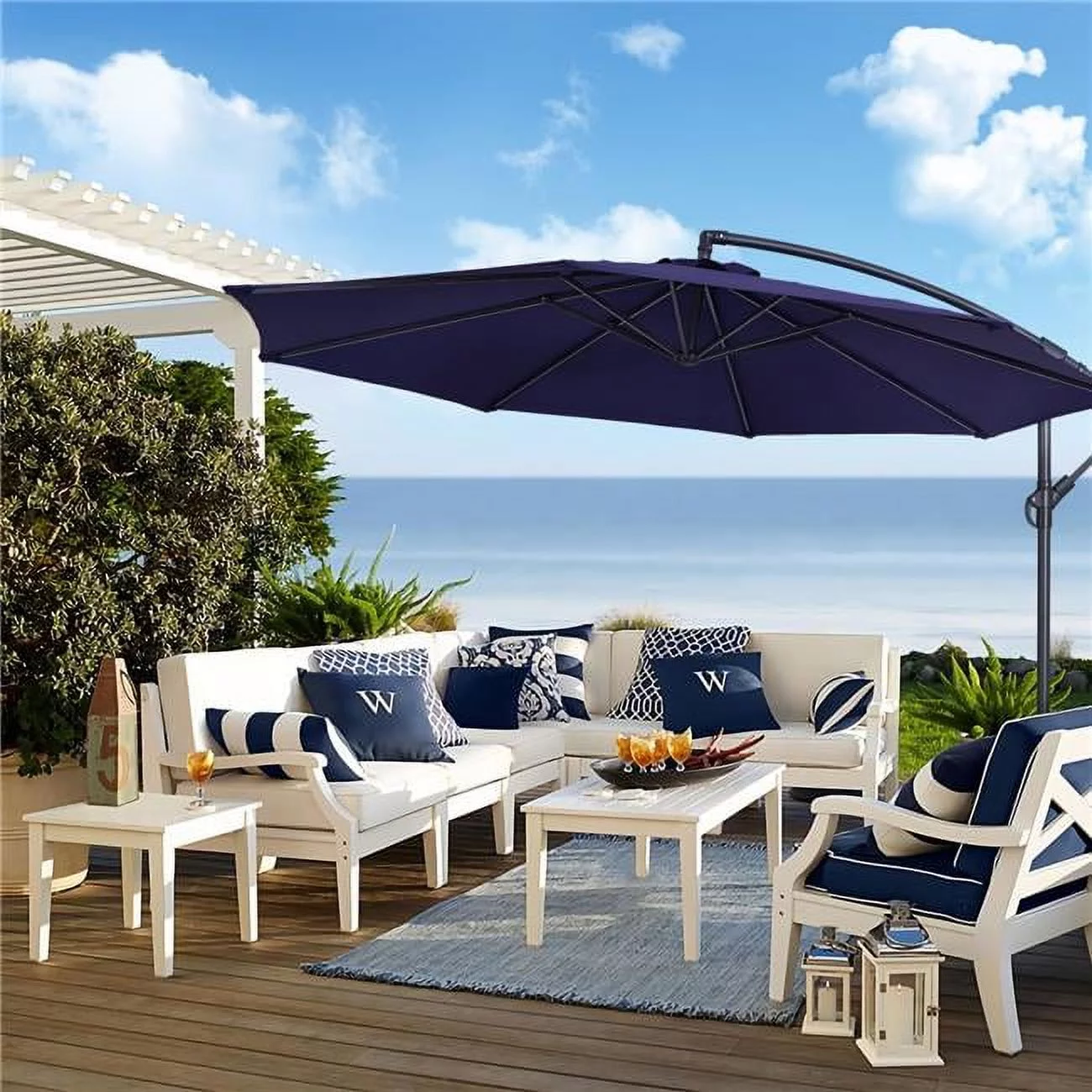 10 ft. Round Outdoor Patio Cantilever Offset Umbrellas in Navy Blue