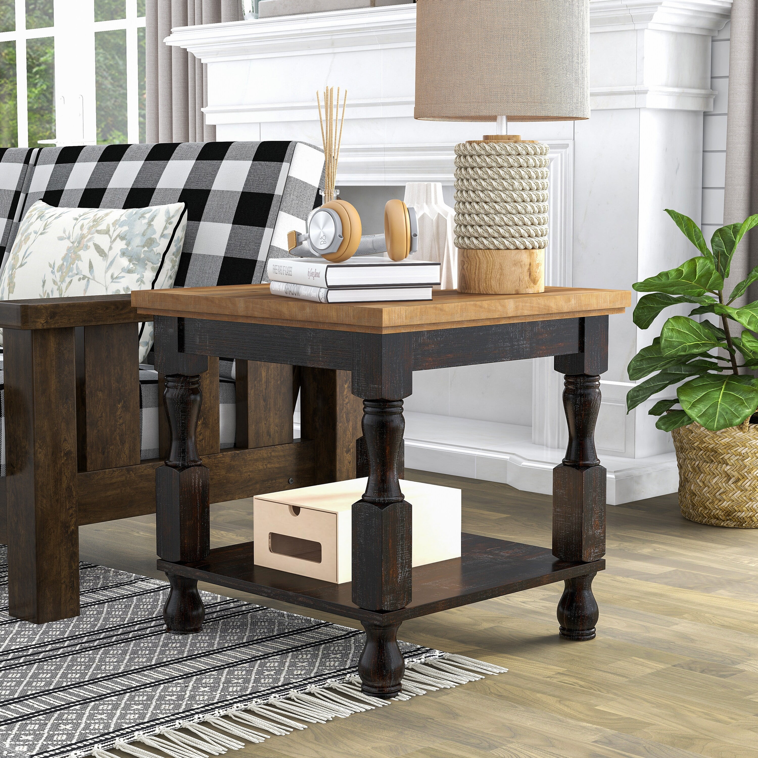 Furniture of America  Harrington Farmhouse 24-inch 1-Shelf End Table Antique Black/Oak Antique, Oak Finish