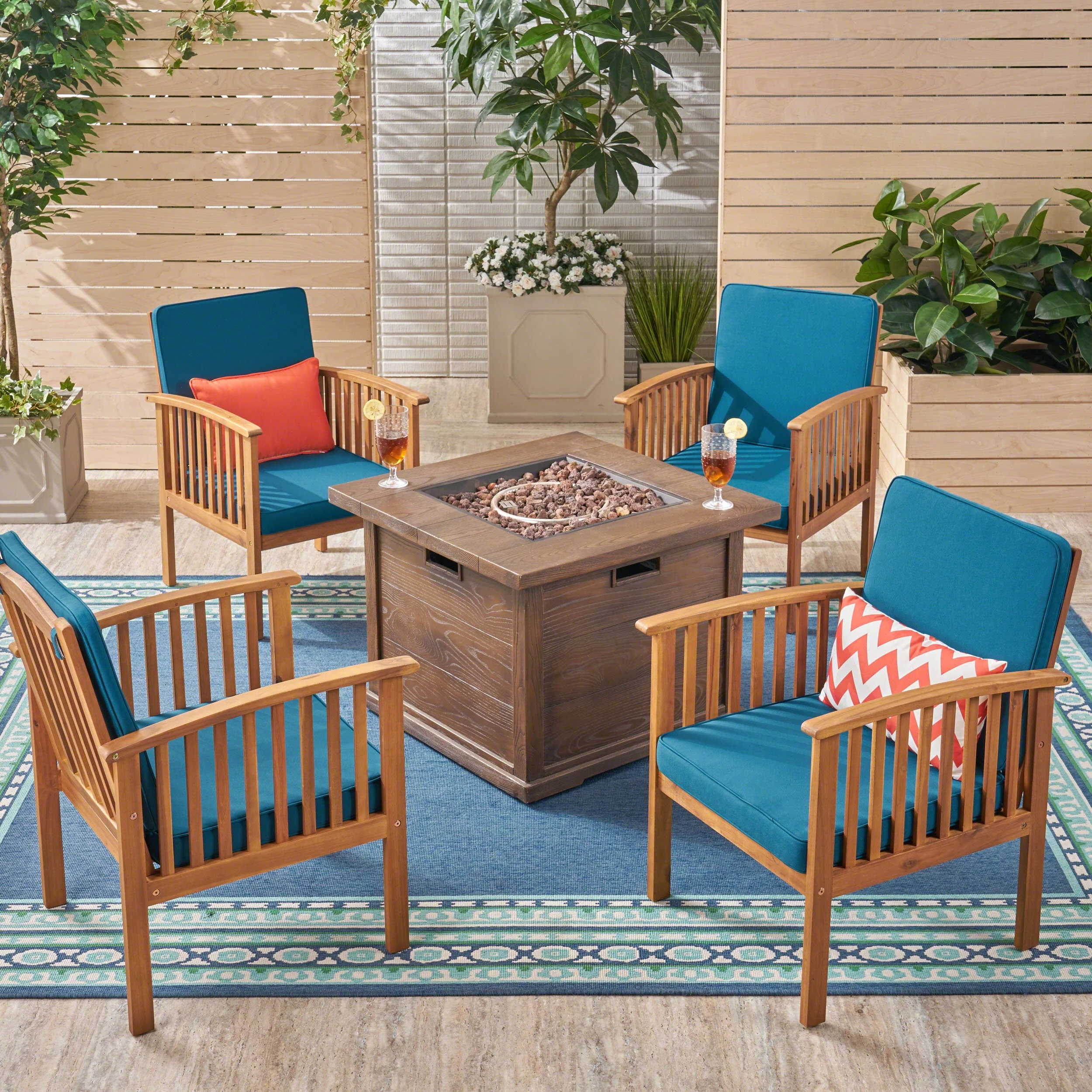 Carol Outdoor 4-Seater Acacia Wood Club Chairs with Firepit, Brown Patina and Dark Teal