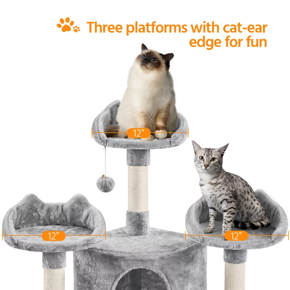 Easyfashion 76.5inch Large Cat Tree Tower with 3 Condos, Light Gray