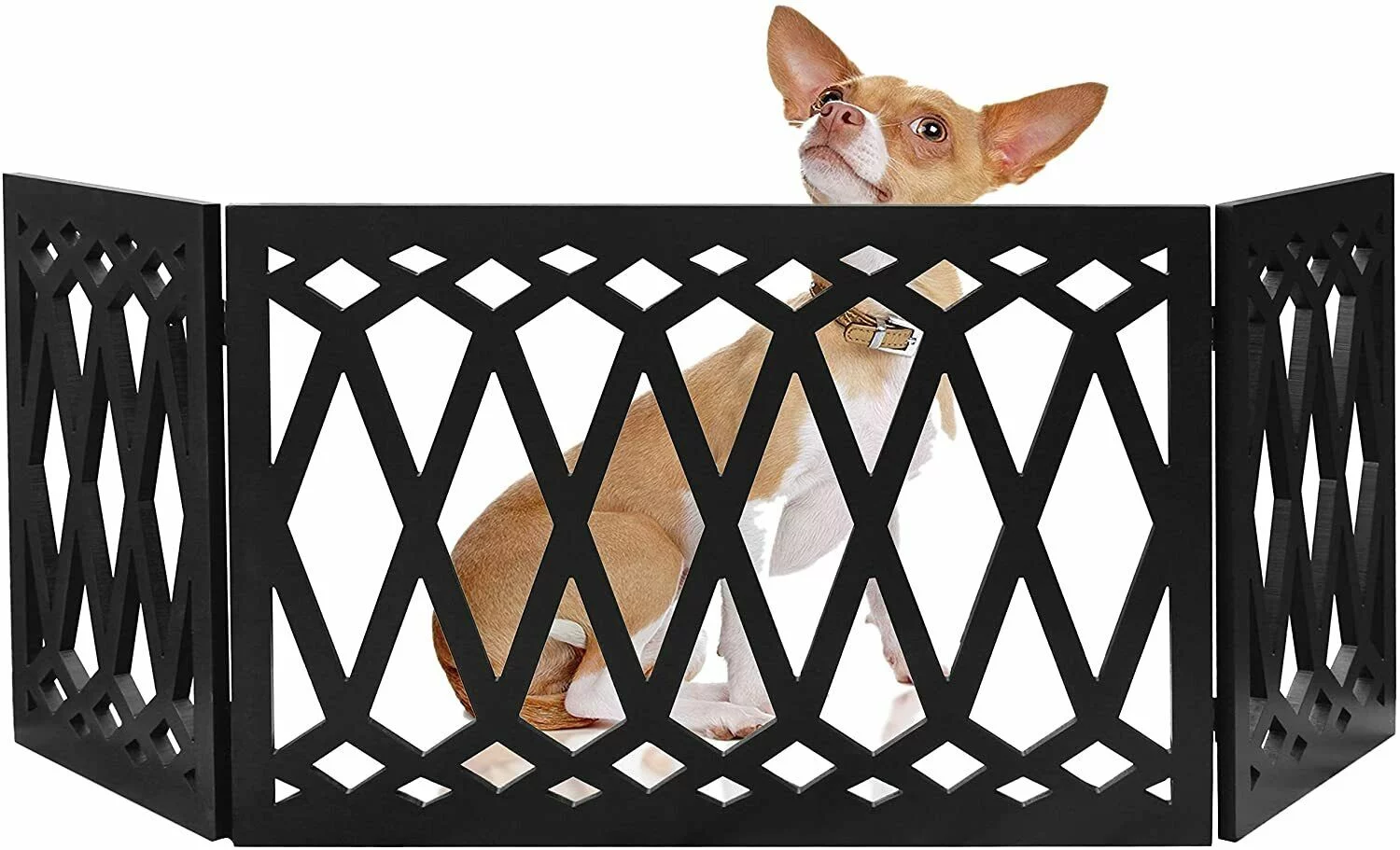 Freestanding Folding Gate | Expandable Wooden Fence for a Small to Medium Pet Dog | Limits Pup's Access to Stairs, Doorways, Hallways (Black, Diamond Print)