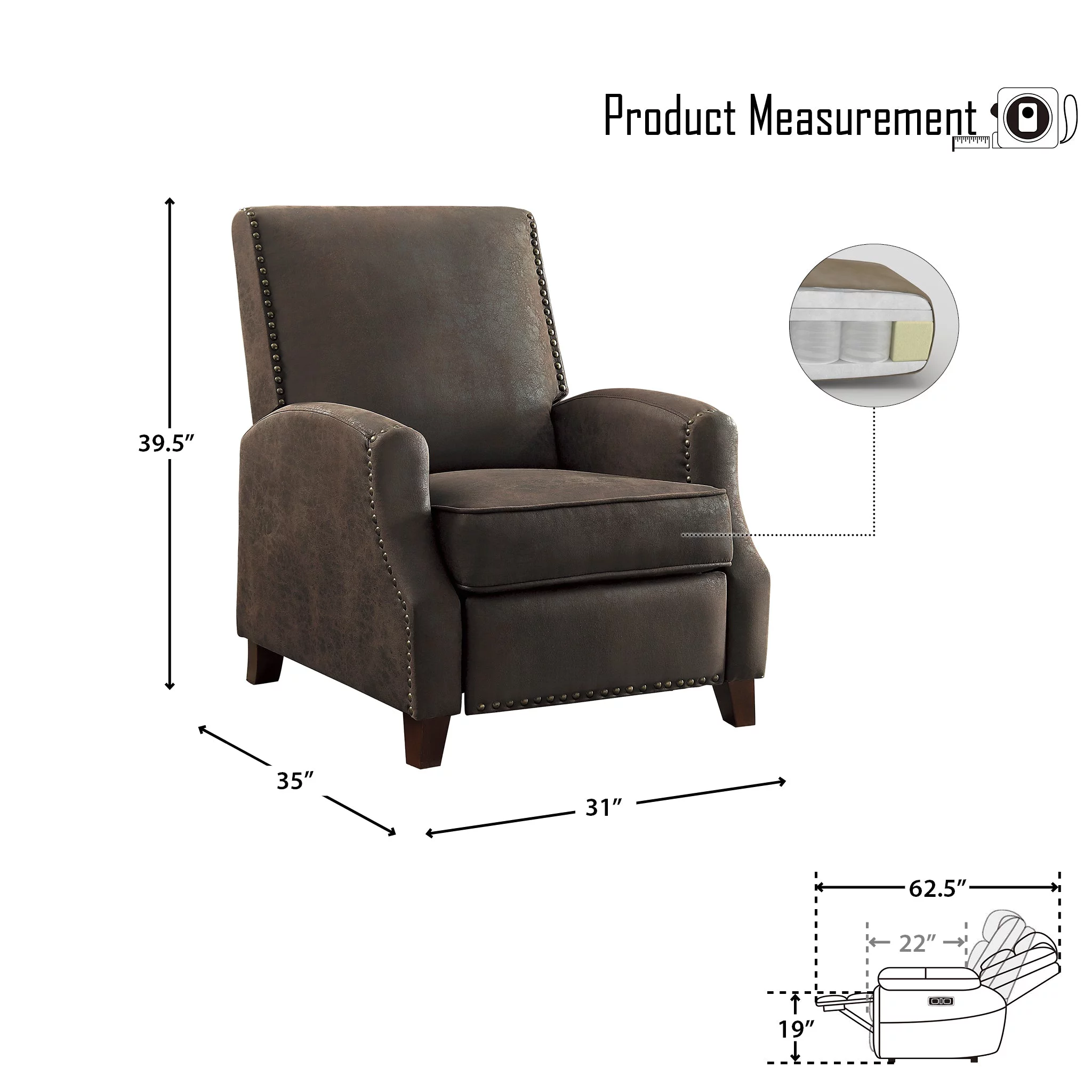 OakvillePark Perry Polished Microfiber Upholstered Push Back Reclining Chair, Brown