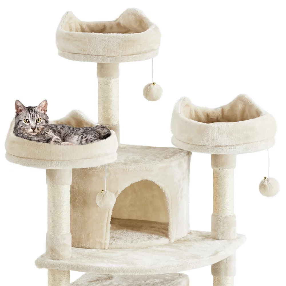 Easyfashion 68.5in Multi-Level Cat Tree Caves Condos, Beige