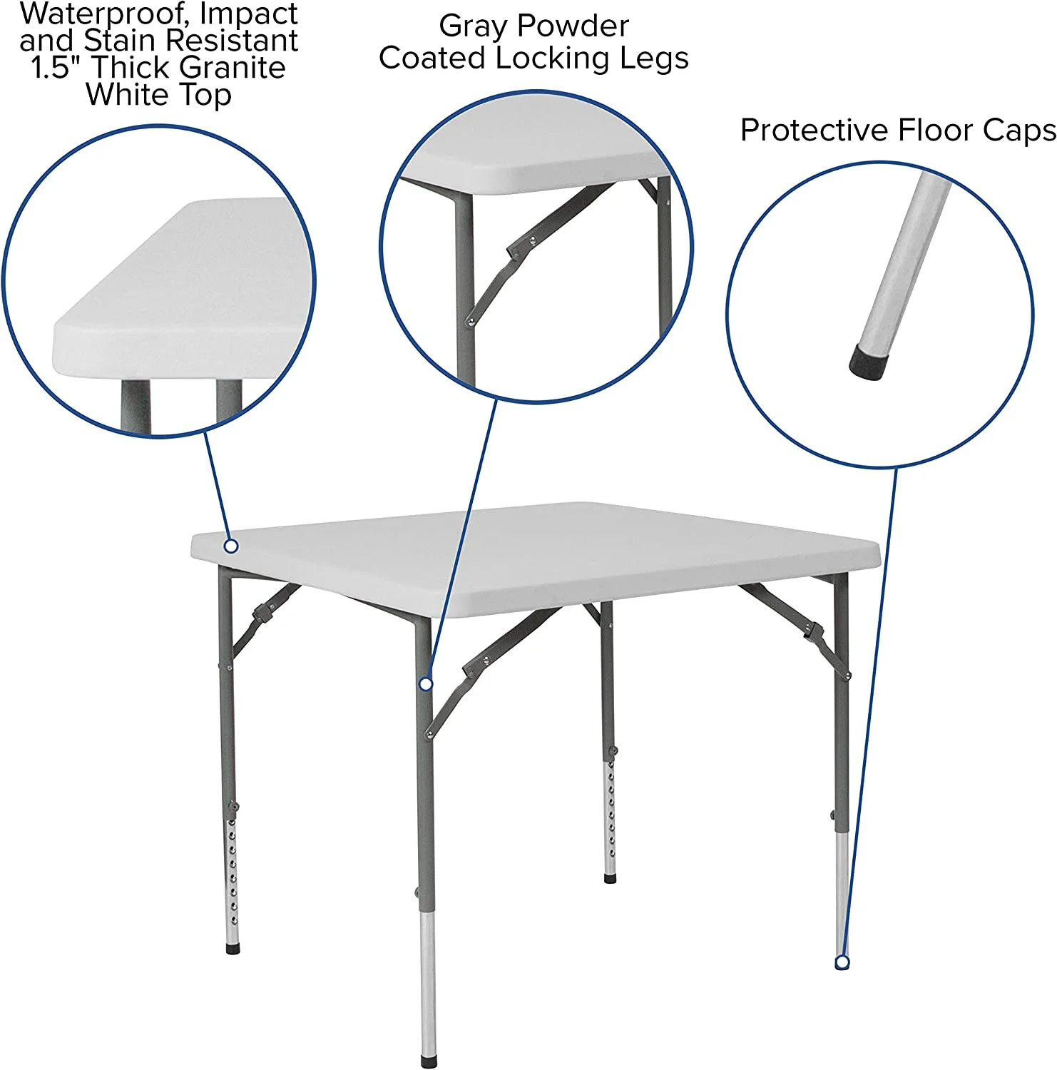 2.79-Foot Square Height Adjustable Granite White Plastic Folding Table