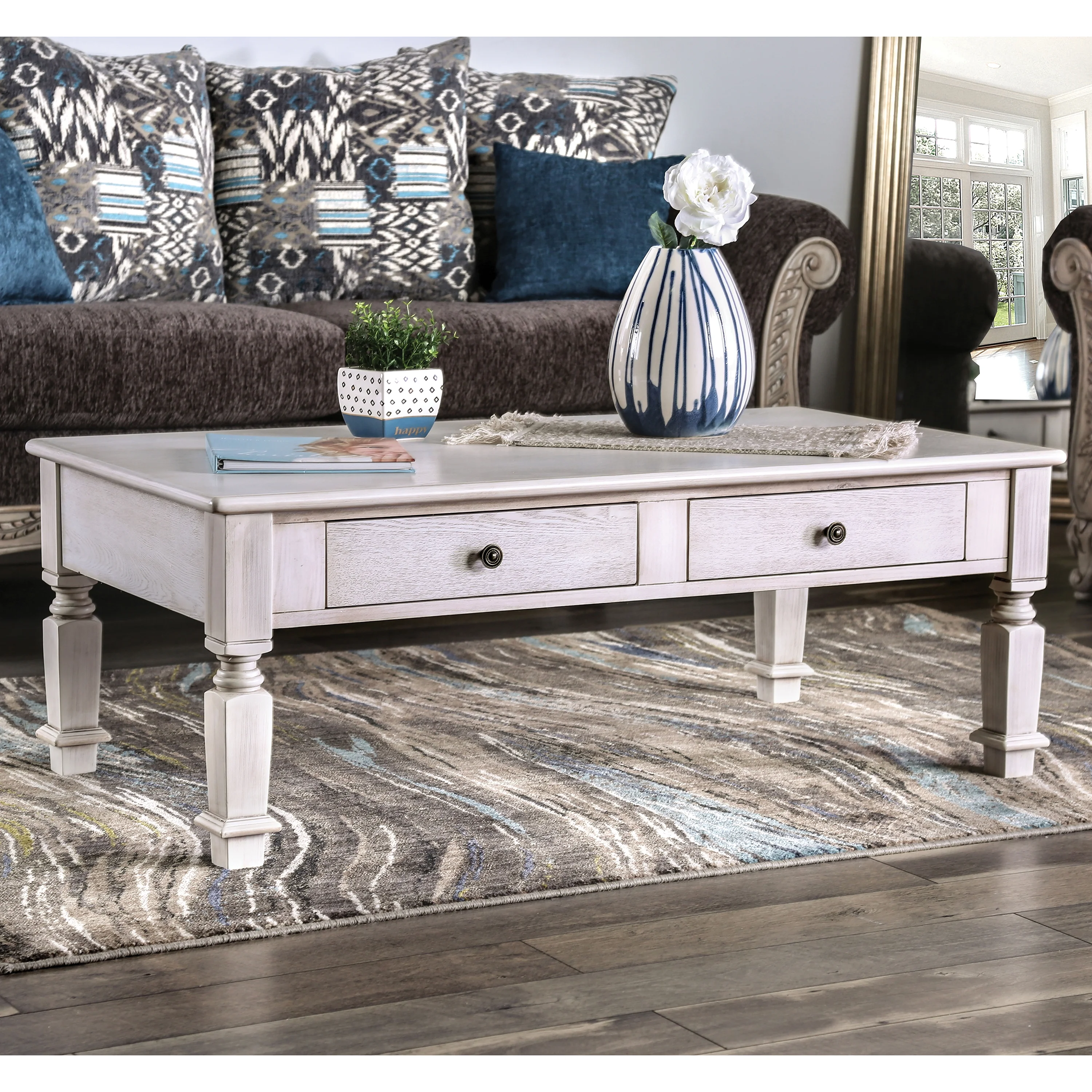 Furniture of America Jonie Rustic 4-Drawer Coffee Table, Antique White