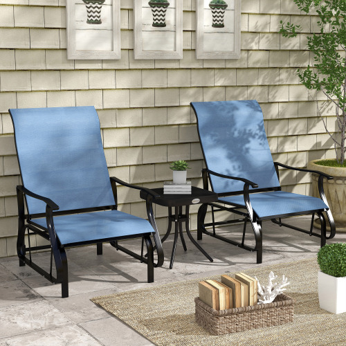 Buumin Outsunny 3-Piece Outdoor Gliders Set Bistro Set with Steel Frame, Tempered Glass Top Table for Patio, Garden, Backyard, Lawn, Light Blue