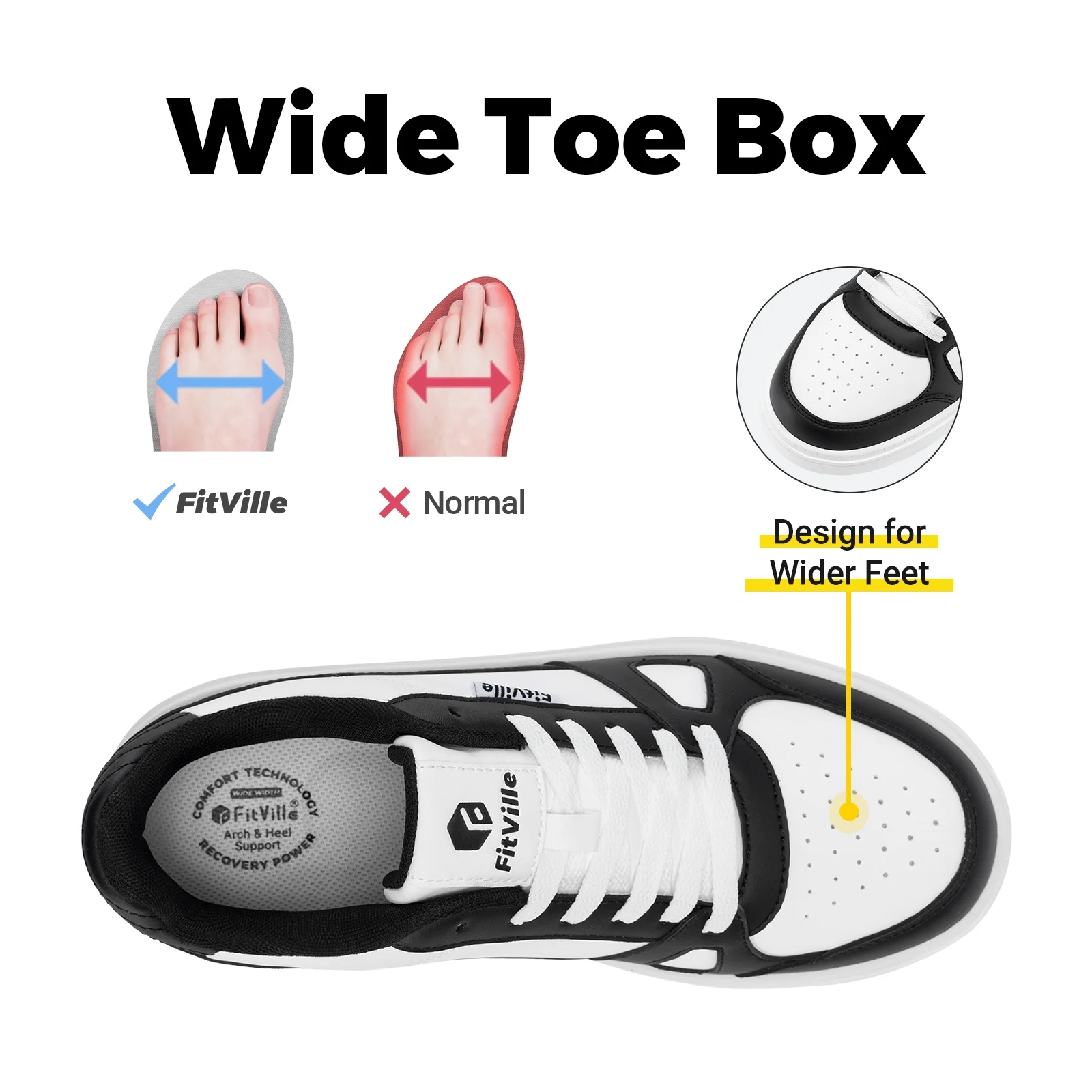 FitVille Men's Wide Walking Shoes Lightweight Wide Width Sneakers Skate Shoes (Black White, 11 Wide)