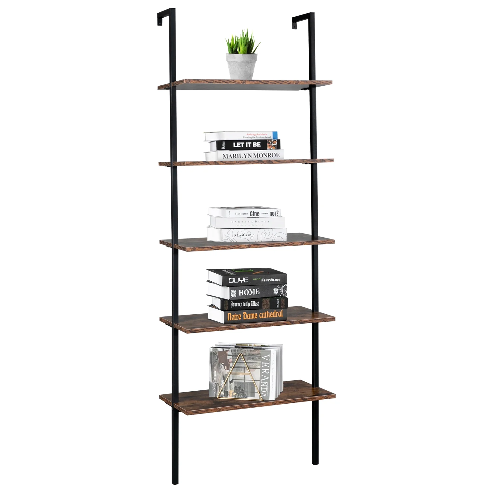 CAIHONG 5-Tier Ladder Shelf, Wall Mounted Ladder Bookshelf with Metal Frame, Open Industrial Shelves for Home Office, Bedroom and Living Room, 23.6