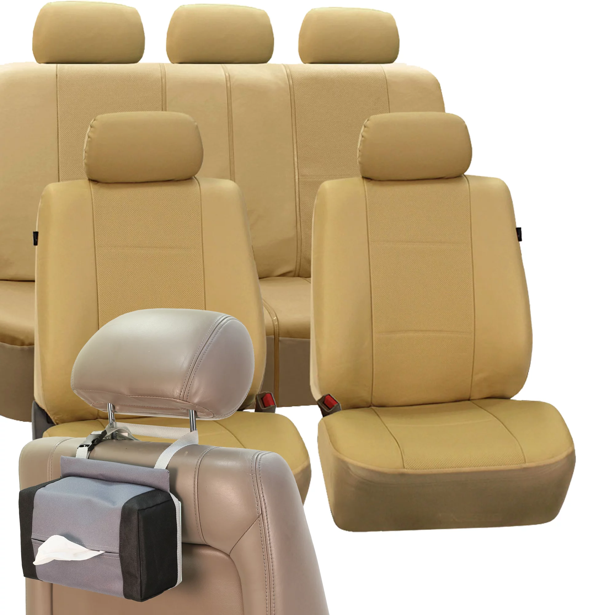 FH Group Deluxe Leatherette Car Seat Covers for Auto, Full Seat Covers Set with Tissue Dispenser, Beige