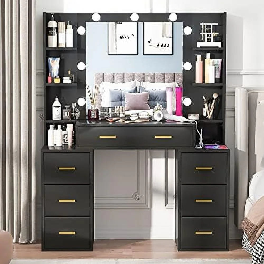 HBROLJF Vanity Set with Lighted Mirror  43''  Vanity with Charging Station  Vanity Desk with 9PCS LED Bulb   Shelves  7 Drawers for Bedroom(No Stool)