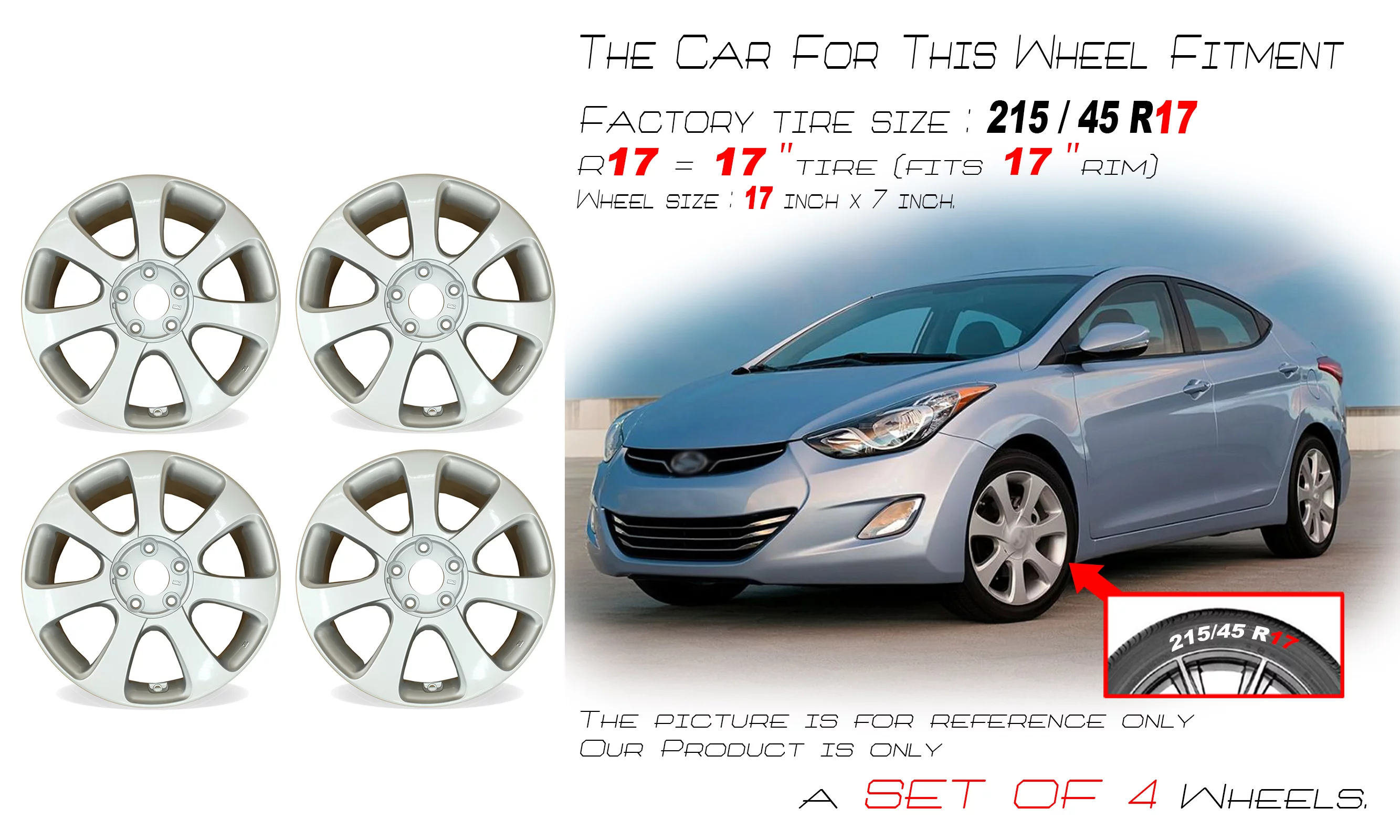 17” Set of 4 17x7 Silver Wheel for Hyundai Elantra 2011-2013 OEM Design Replacement Rim