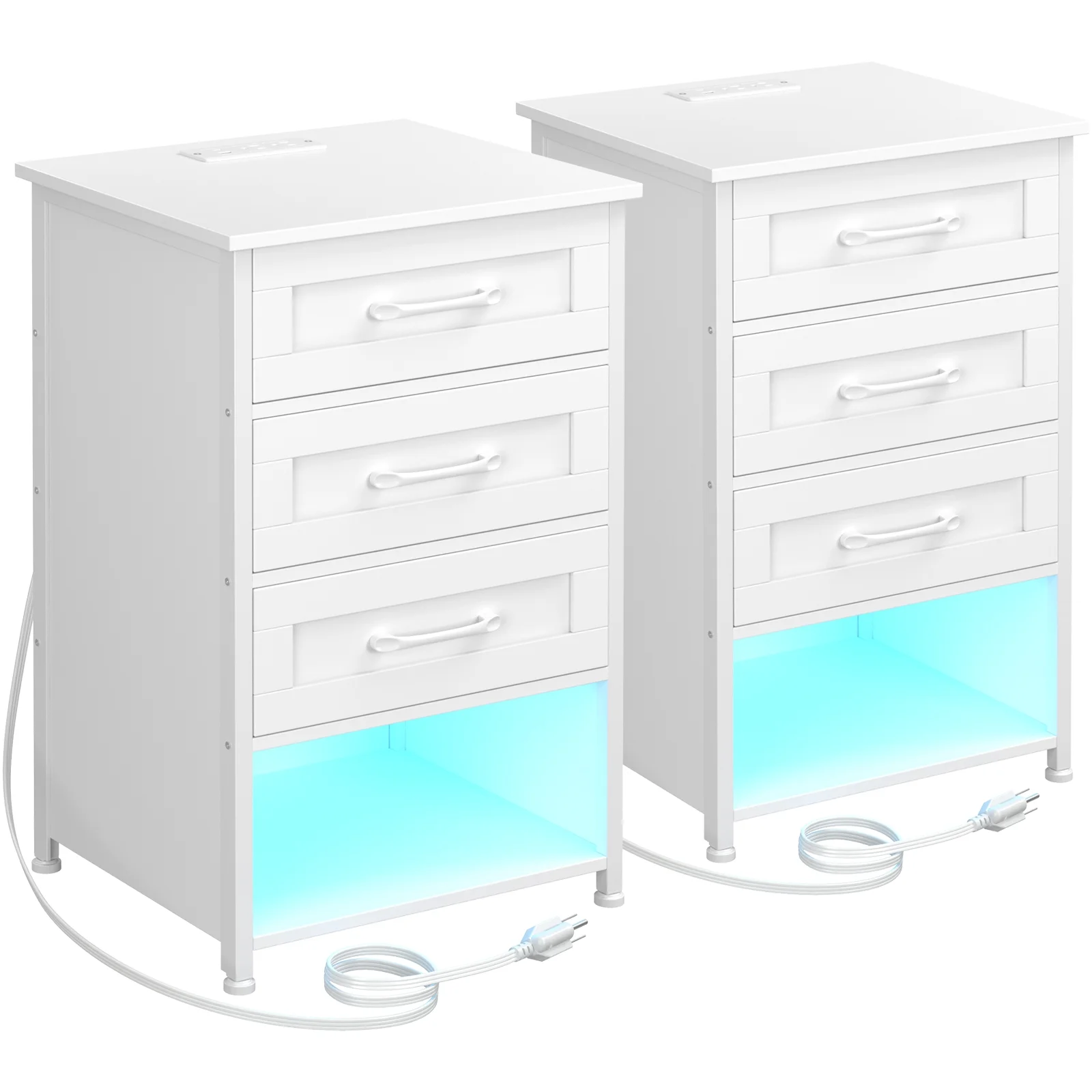 Night Stand Set 2, with Charging Station and LED Light Strip, End Tables Living Room, White Nightstand Set of 2 with 3 Wood Drawers for Bedroom HNS053WT