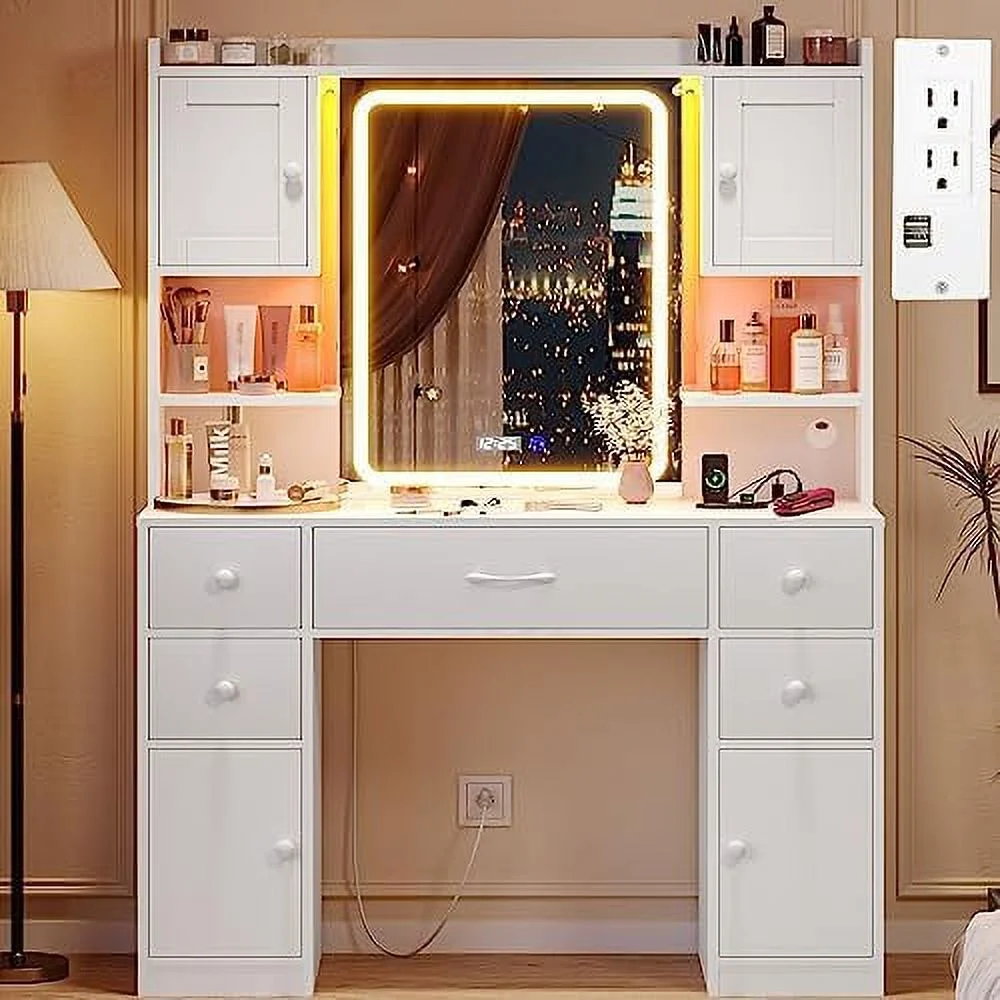 Large Makeup Vanity with Lights  Vanity Desk with LED Mirror & Charging Station  Vanity Set with 5 Drawers  4 Cabinets & Time Display  Black