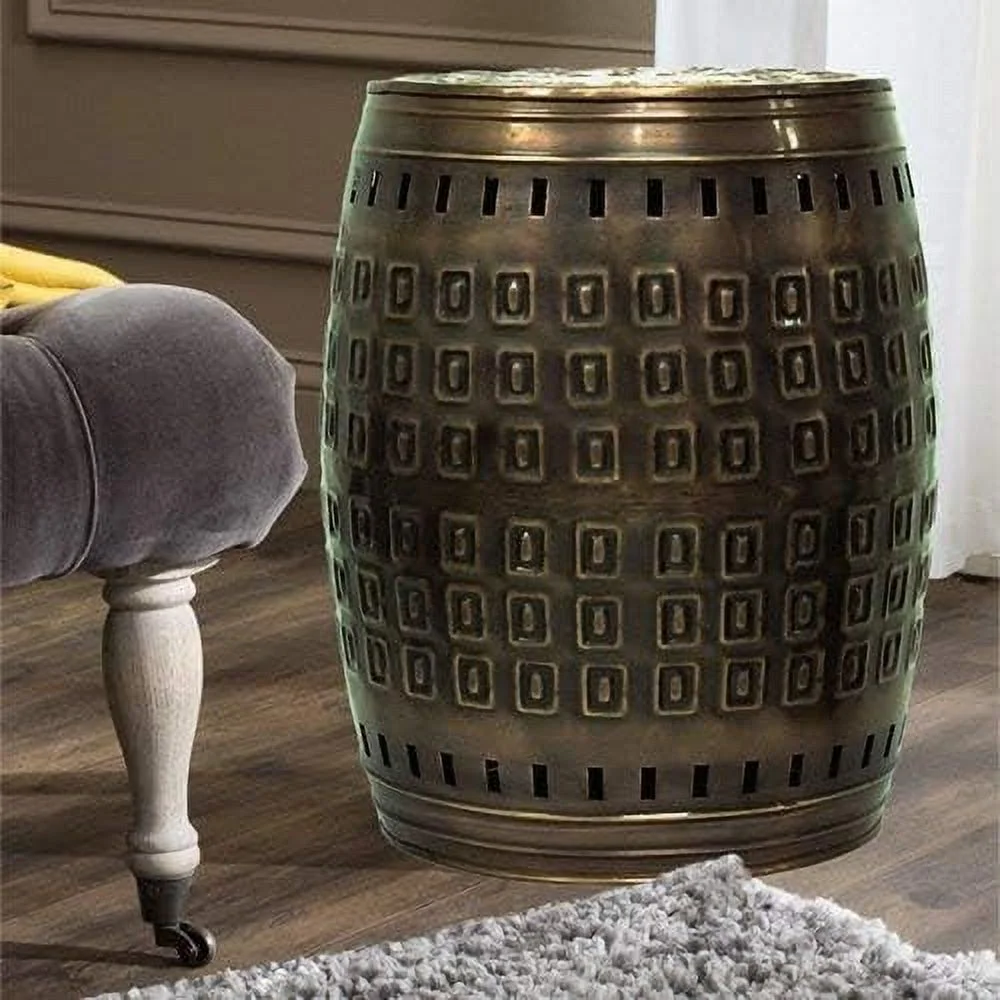 JDZHAPPYLIFE Vintage Bronze Large Drum End Table for Living Room Barrel Stool Circle Shaped Farmhouse  Metal Iron
