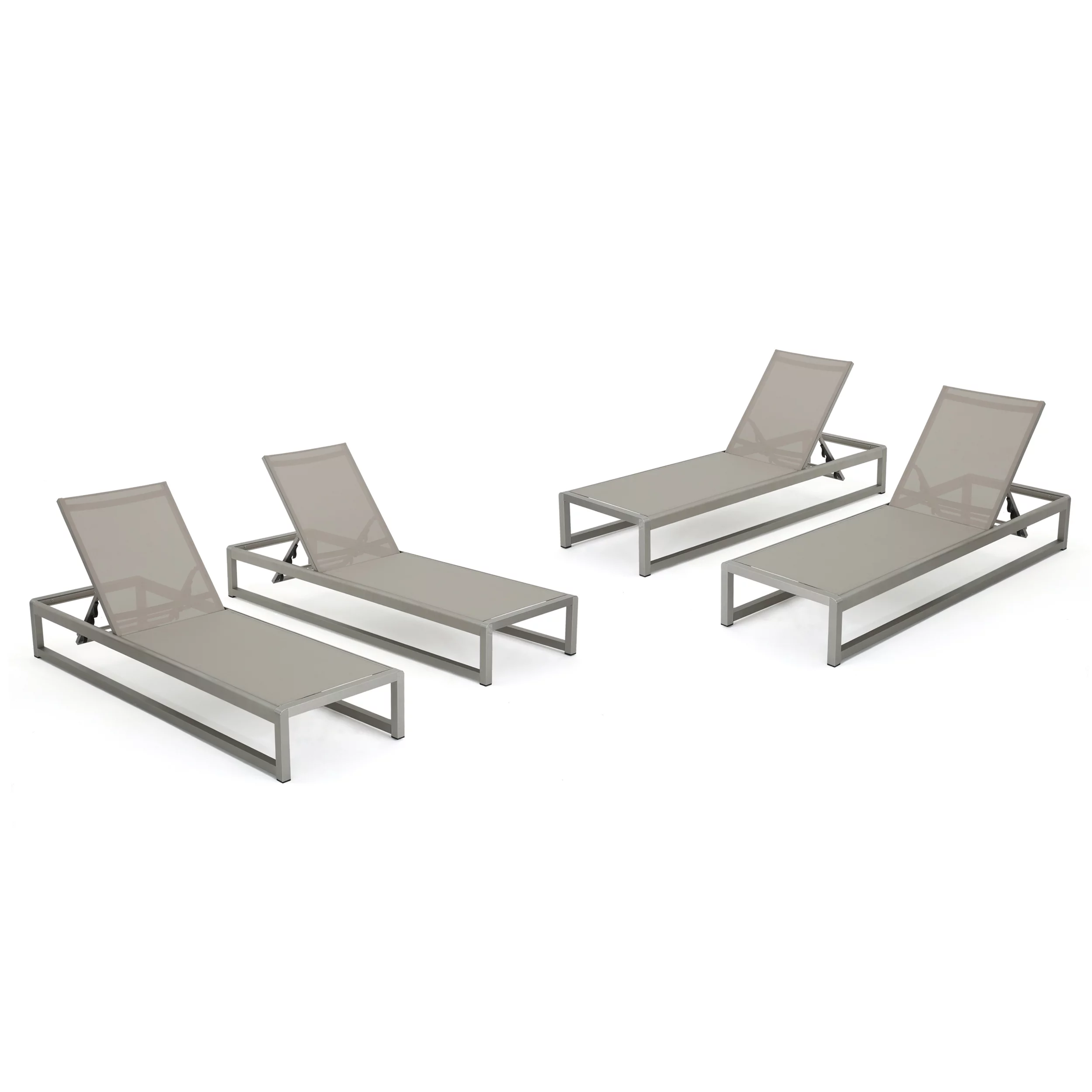 GDF Studio Camdyn Outdoor Mesh and Aluminum Adjustable Chaise Lounges, Set of 4, Silver and Gray