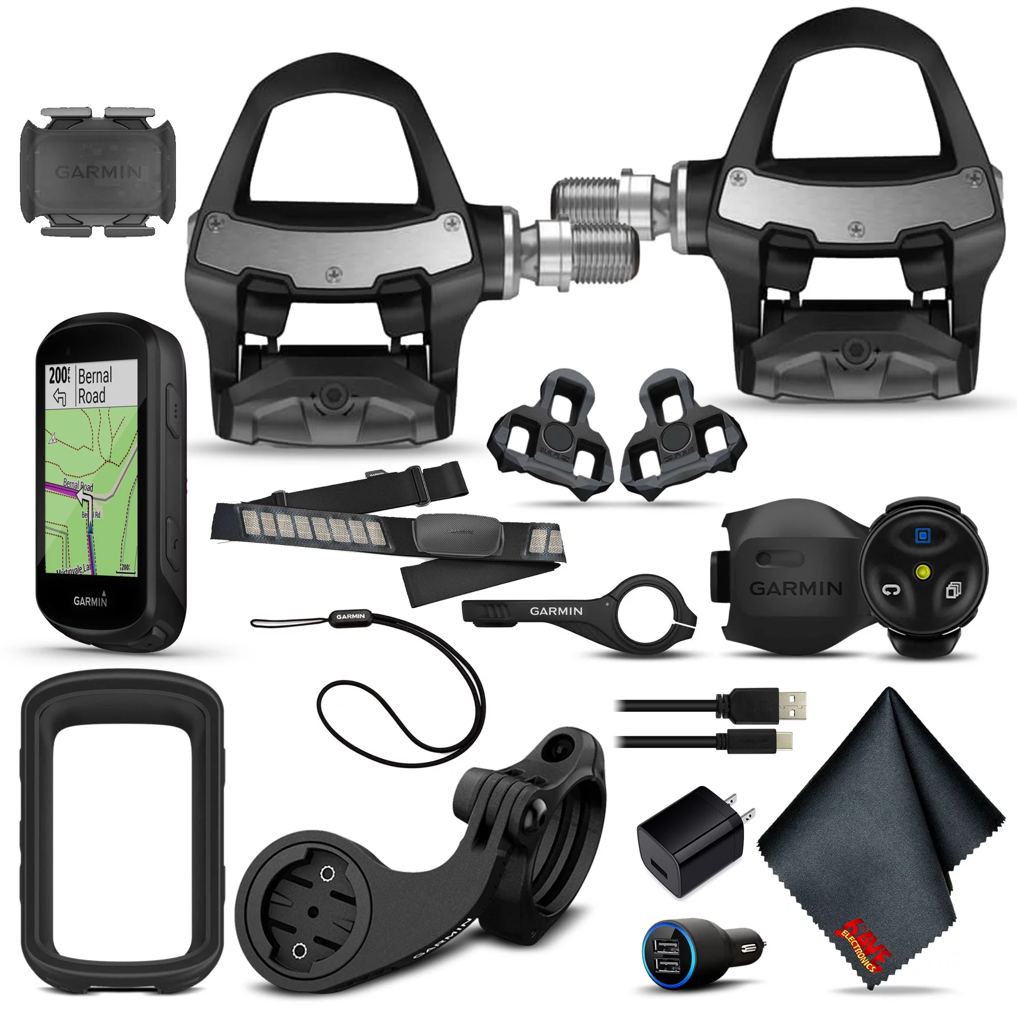 Garmin Rally RK100 Single Sensing Power Meter with Garmin Edge 830 Performance GPS Cycling Computer with Mapping and Touchscreen Sensor Bundle, USB Adapters, and 6Ave Cleaning Cloth