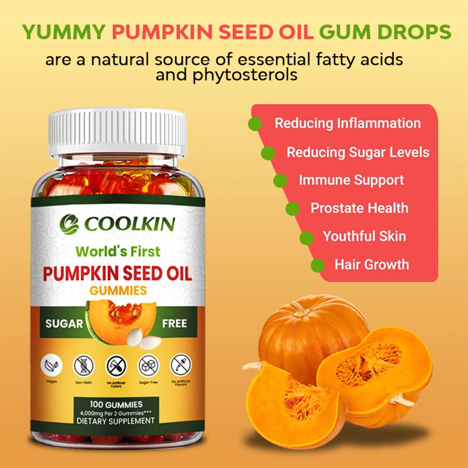 Coolkin PUMPKIN SEED OIL Gummies - Prostate,Urinary Tract Health,Hair Growth Promotion(30/60/100pcs)