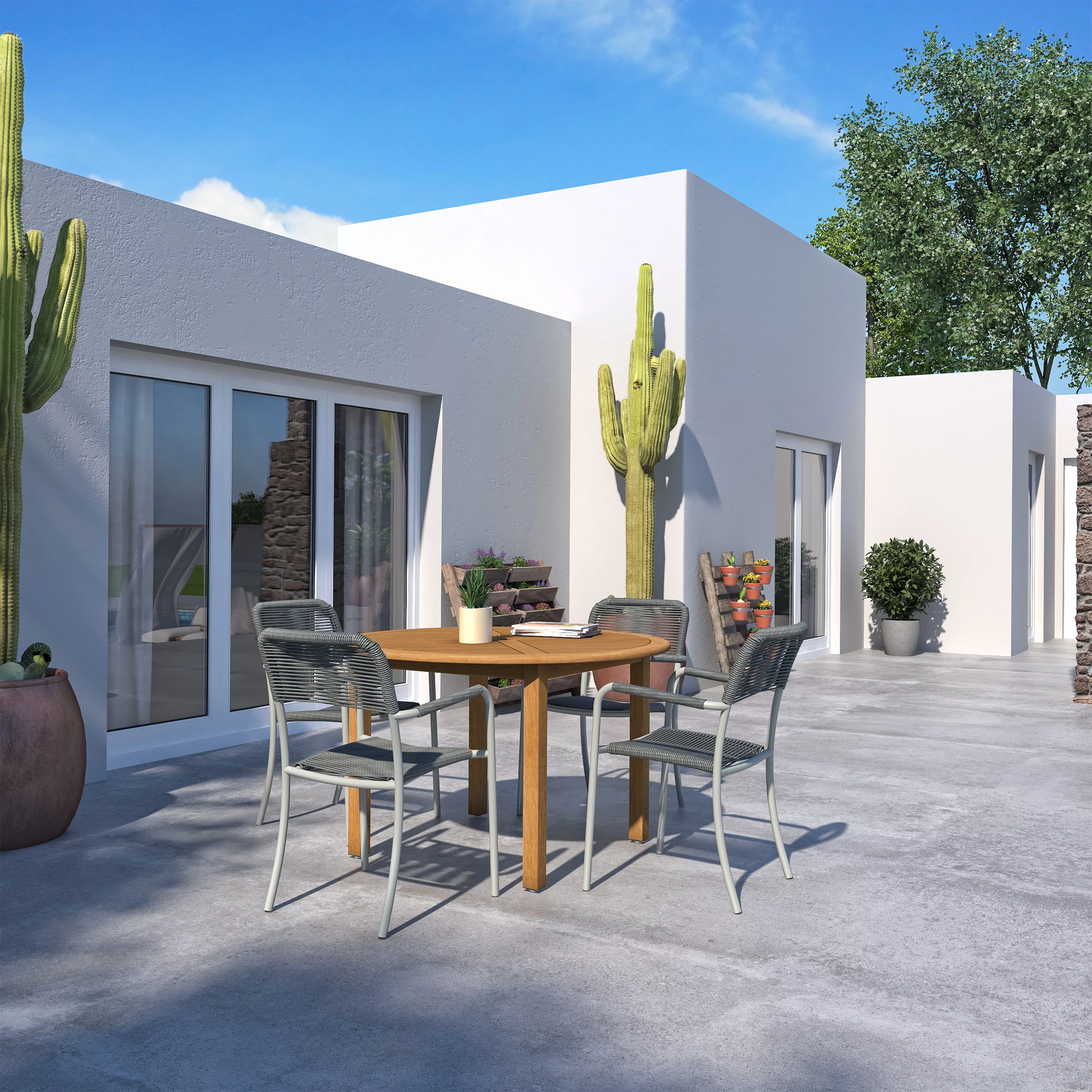 Amazonia Navilly 5 Pieces Teak Finish Round Outdoor Dining Set, Ideal for Patio, Seating Capacity: 4