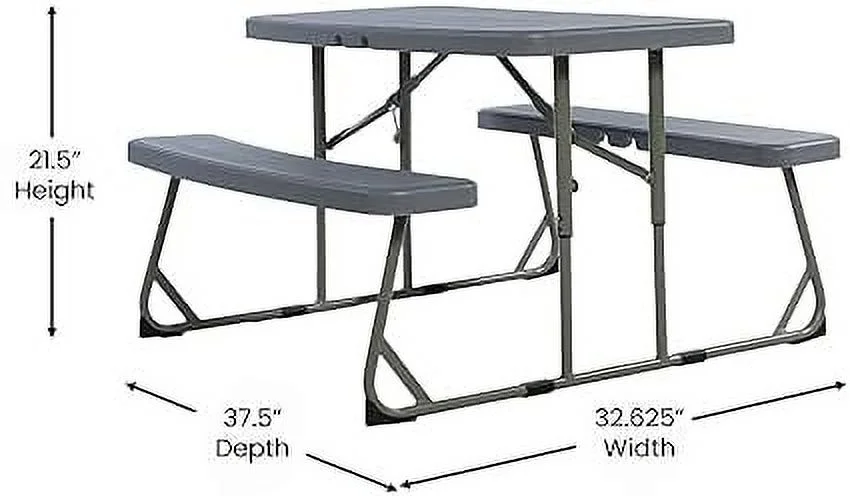TJCGDTY Aryka Kid's Gray Easy Fold Waterproof  Stain and Impact Resistant Plastic Picnic Table with  and Gray Steel Tube Frame