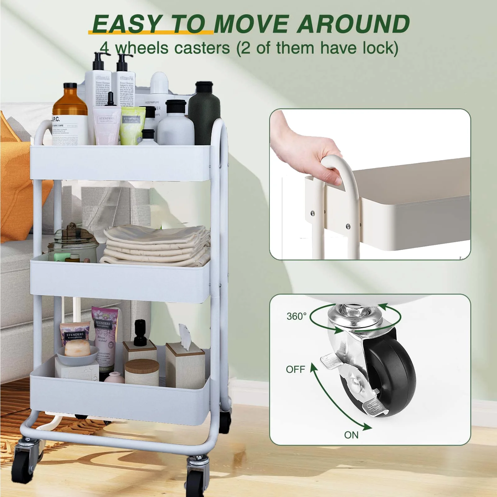 HONGGE 3 Tier Rolling Cart Metal Utility Carts with Wheels, White