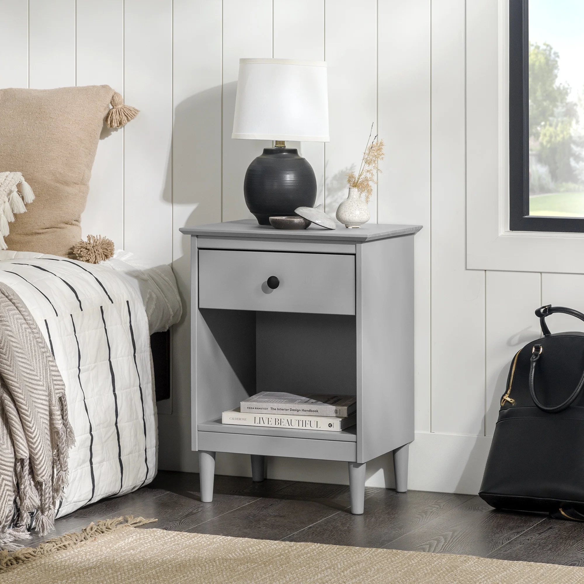 Walker Edison 25” Transitional 1-Drawer Solid Wood Nightstand, Grey