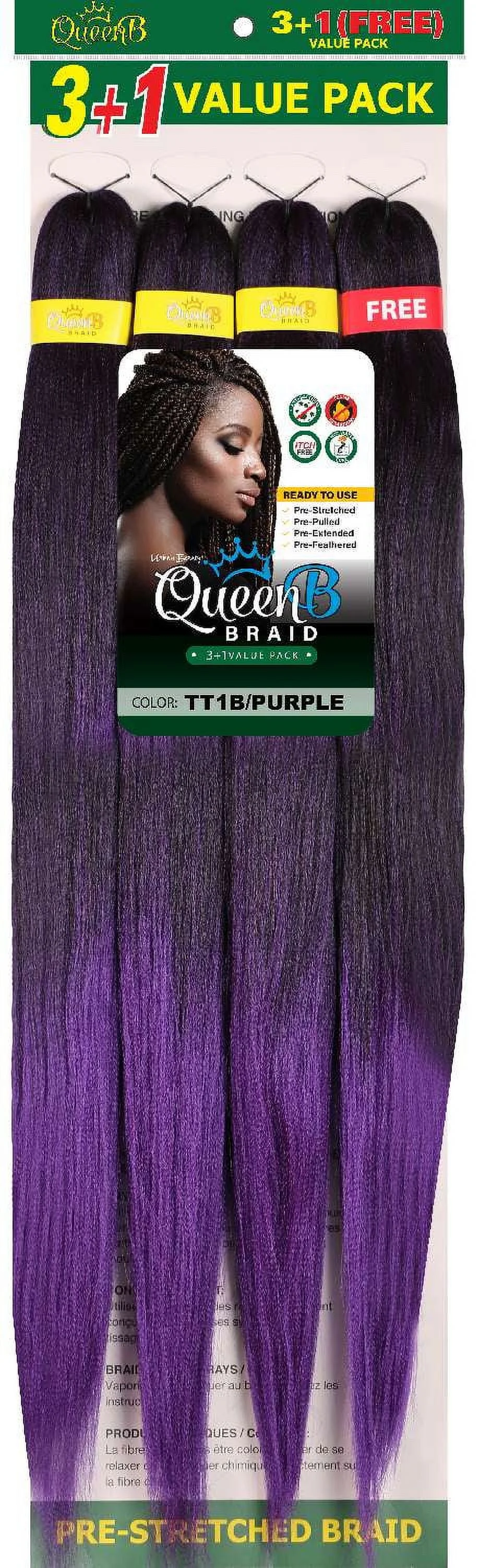 Urban Beauty Queen B Braid Synthetic 3 + 1 Value Pack 60 Inch Color TT1B/PURPLE