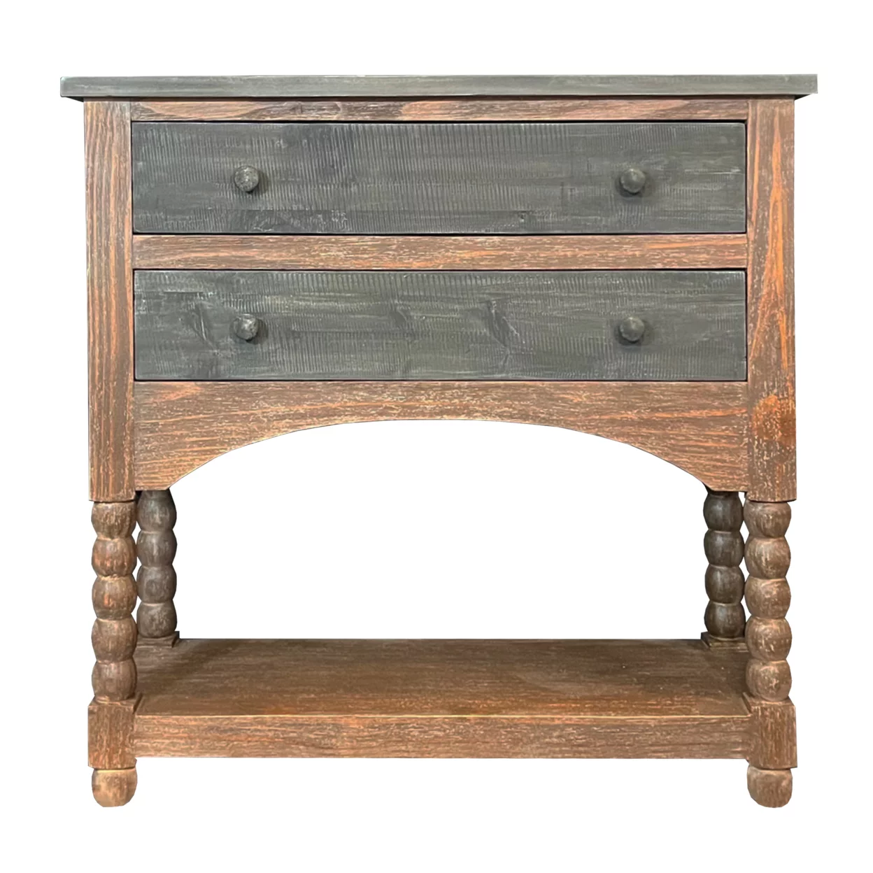 38 Inch 2 Drawer Solid Wood Console Table with Beaded Legs, Brown and Gray, Saltoro Sherpi