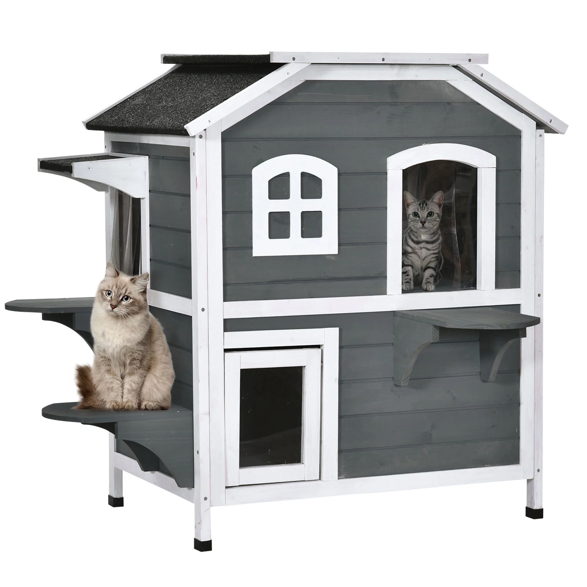 PawHut 2-story Cat House Outdoor, WeatherproofÂ Wooden Cat Enclosure for Feral Cats with Escape Door, Openable Roof, Jumping Platforms, Gray
