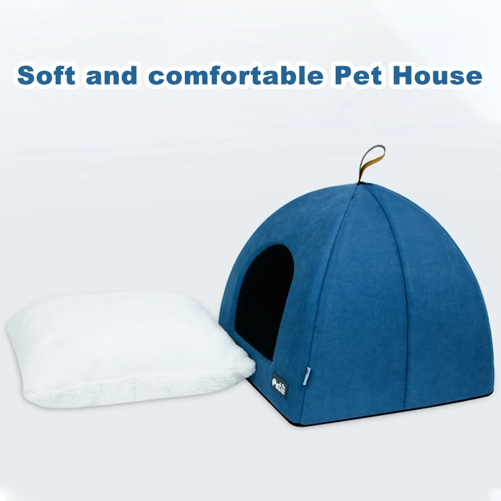 Carevas Foldable Cat Bed Breathable Cat House Indoor Tent Dog Bed with Mat (Blue, Size M)