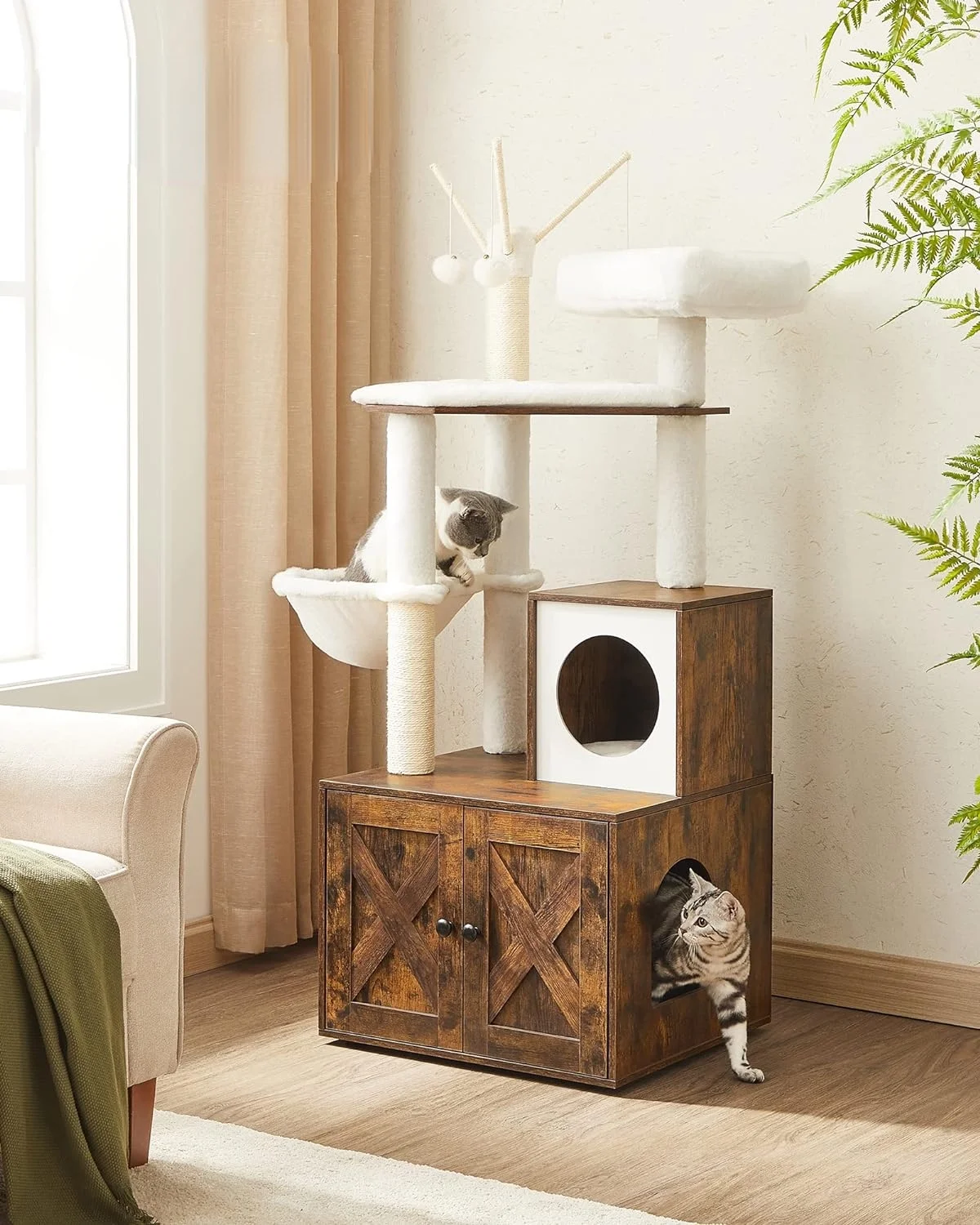 WoodyWonders Cat Tree with Litter Box Enclosure, 2-in-1 Modern Tower, Furniture Hidden, Cat Condo with Scratching Posts, Removable Pompom Sticks, Rustic Brown UPCT113X01