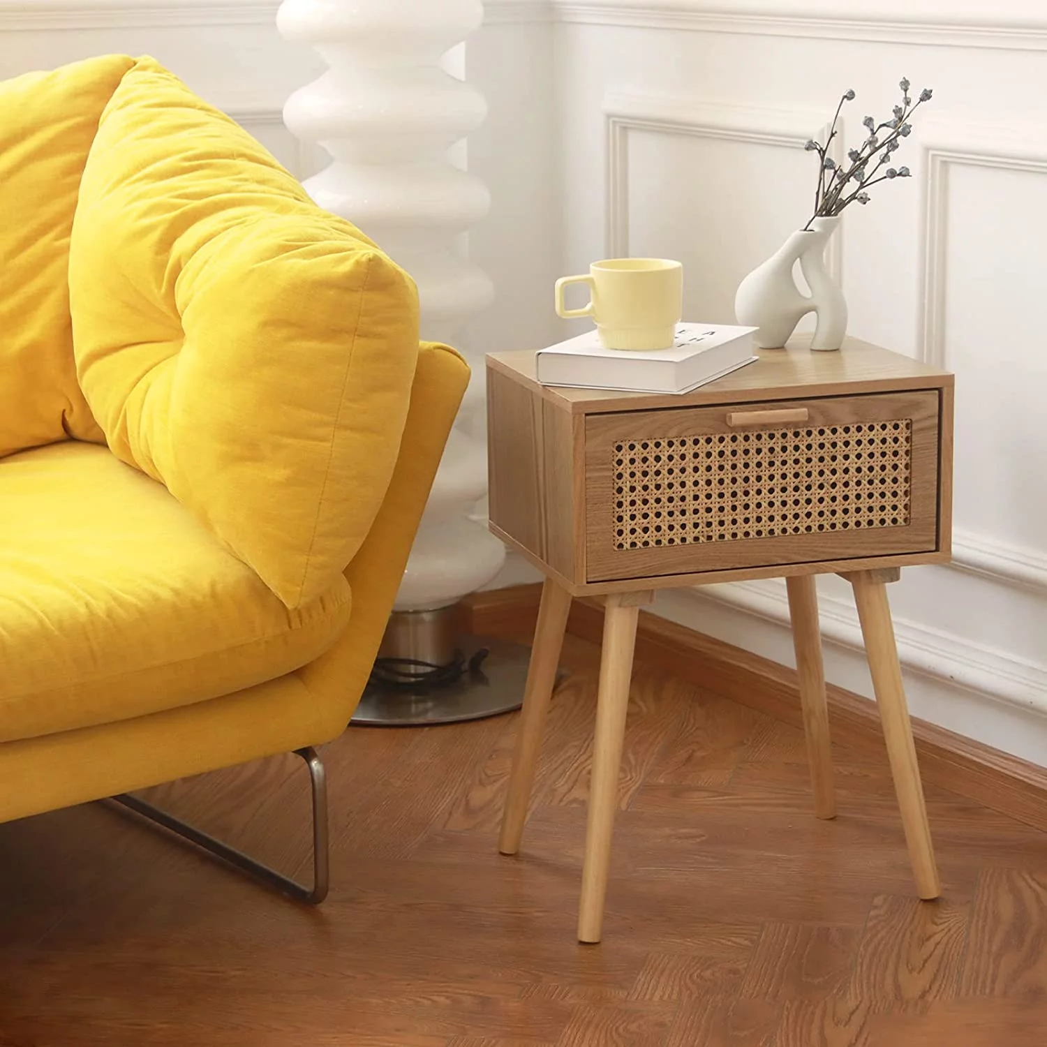 Nightstand Mid Century Modern Side Table with Rattan Drawer, End Table with Storage and Solid Wood Legs for Bedroom Living Room Small Space, Easy Assembly (Natural Walnut)