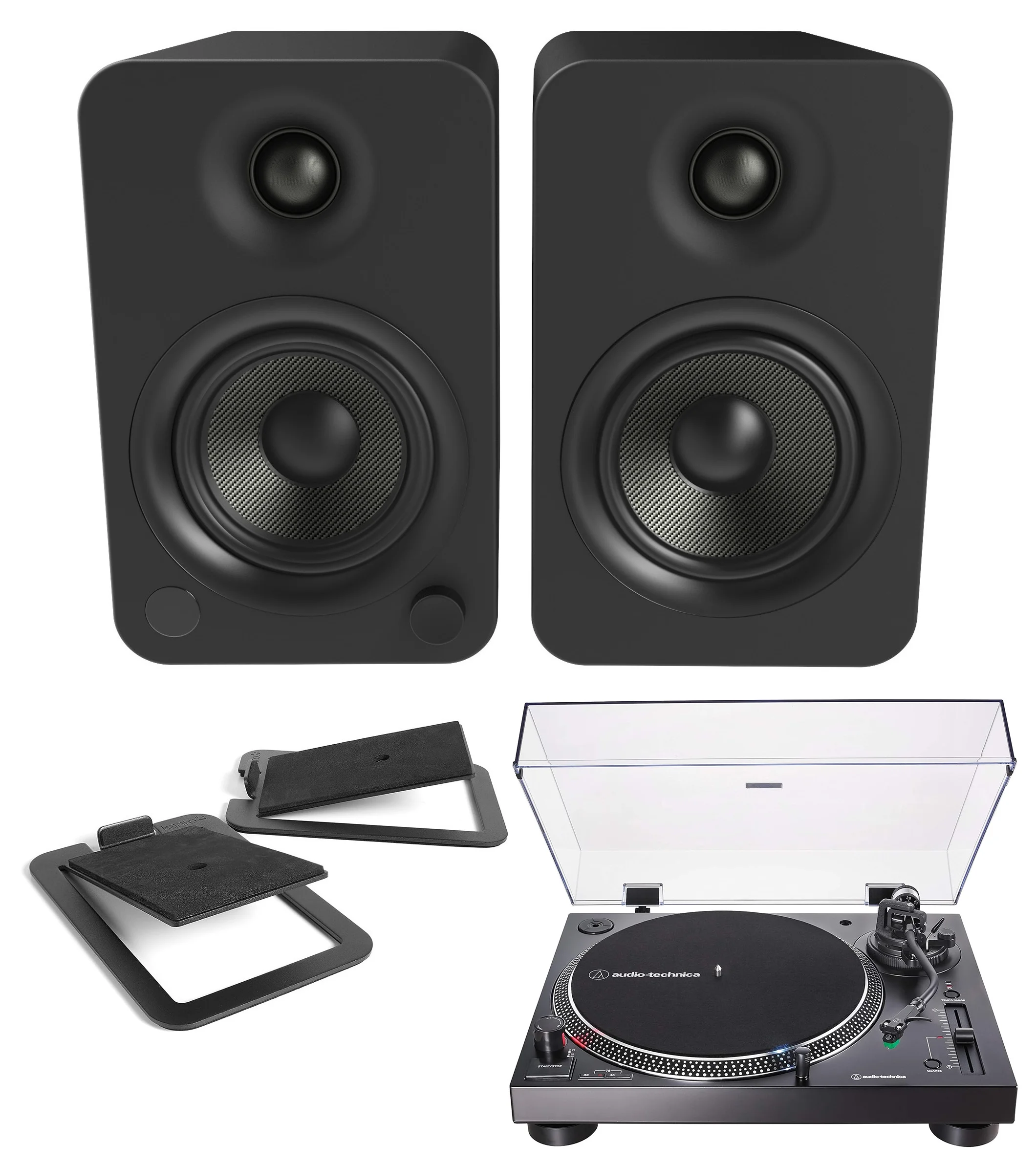 Kanto YU4MB 140W Bookshelf Speakers with Bluetooth with Kanto S4 Angled Desktop Speaker Stands for Medium Speakers and an AT-LP120XUSB-BK Direct-Drive 3-Speed Manual USB Turntable (2022)