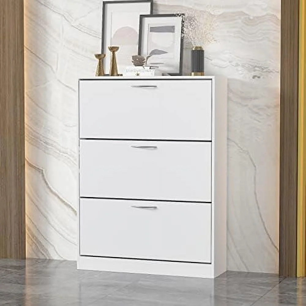 NTTBOBOEC Shoe Cabinet for Entryway  Slim Shoe Organizer Cabinet with 3 Flip Drawers  Freestanding Shoe  Cabinet with Tipping Bucket  White Shoe Rack Type E (31.6" W x 9.3" D x 42