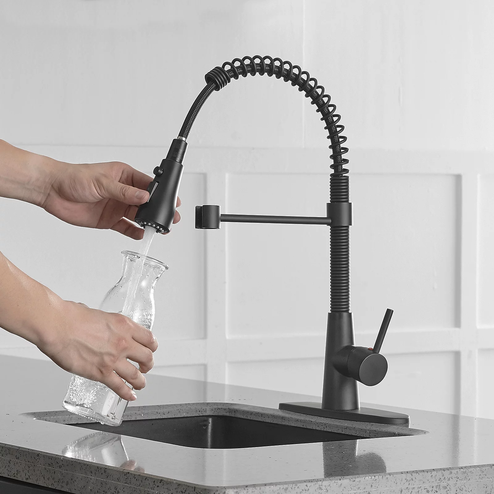 BESy Kitchen Faucet with Pull Down Sprayer, High-Arc Single Handle Single Lever Spring Rv Kitchen Sink Faucet with Pull Out Sprayer, 3 Function Laundry Faucet with Cover Plate, Matte Black