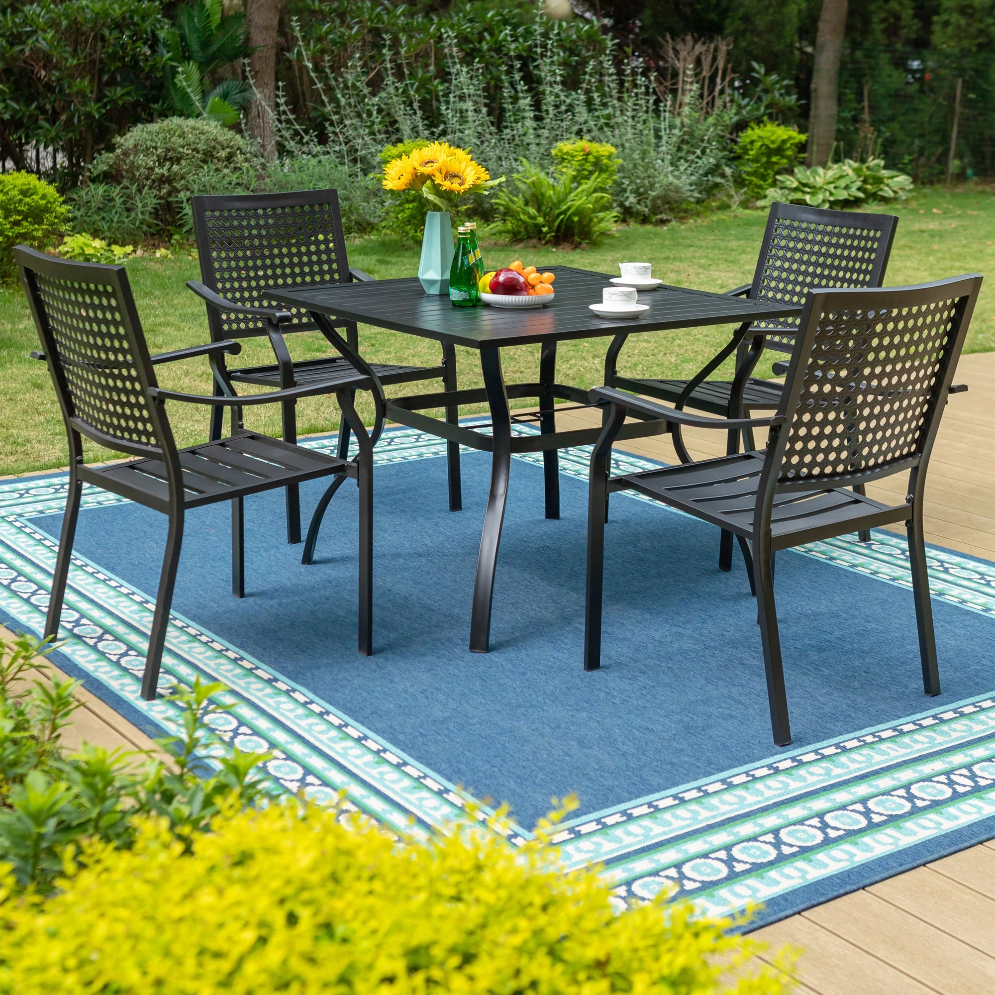 MF Studio 5-Piece Outdoor Patio Dining Set with 4 PCS Steel Stackable Chairs&1 PC Square Table for Dinner&Party, Black