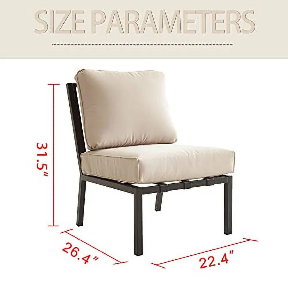 LOKATSE HOME Patio Dining Chair Modern Outdoor Single Sofa Armless Metal Bistro Cushioned Furniture for Porch, Deck, Garden, Poolside, Beige